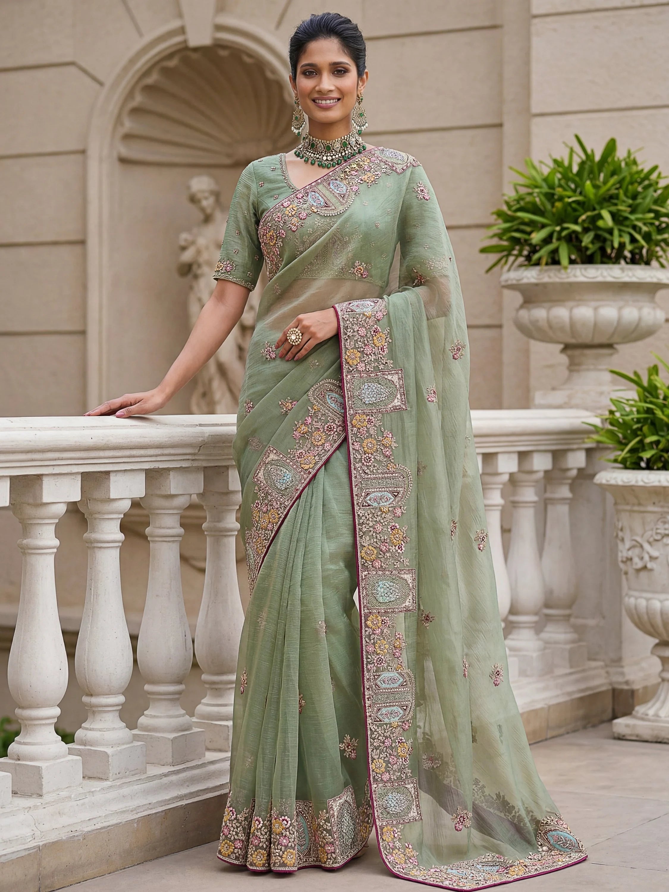 Green Notable Floral Embroidery Organza Reception Wear Saree With Blouse