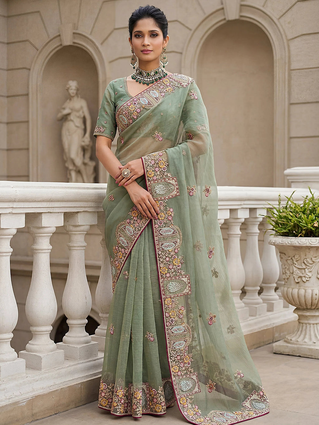 Green Notable Floral Embroidery Organza Reception Wear Saree With Blouse