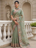 Green Notable Floral Embroidery Organza Reception Wear Saree With Blouse