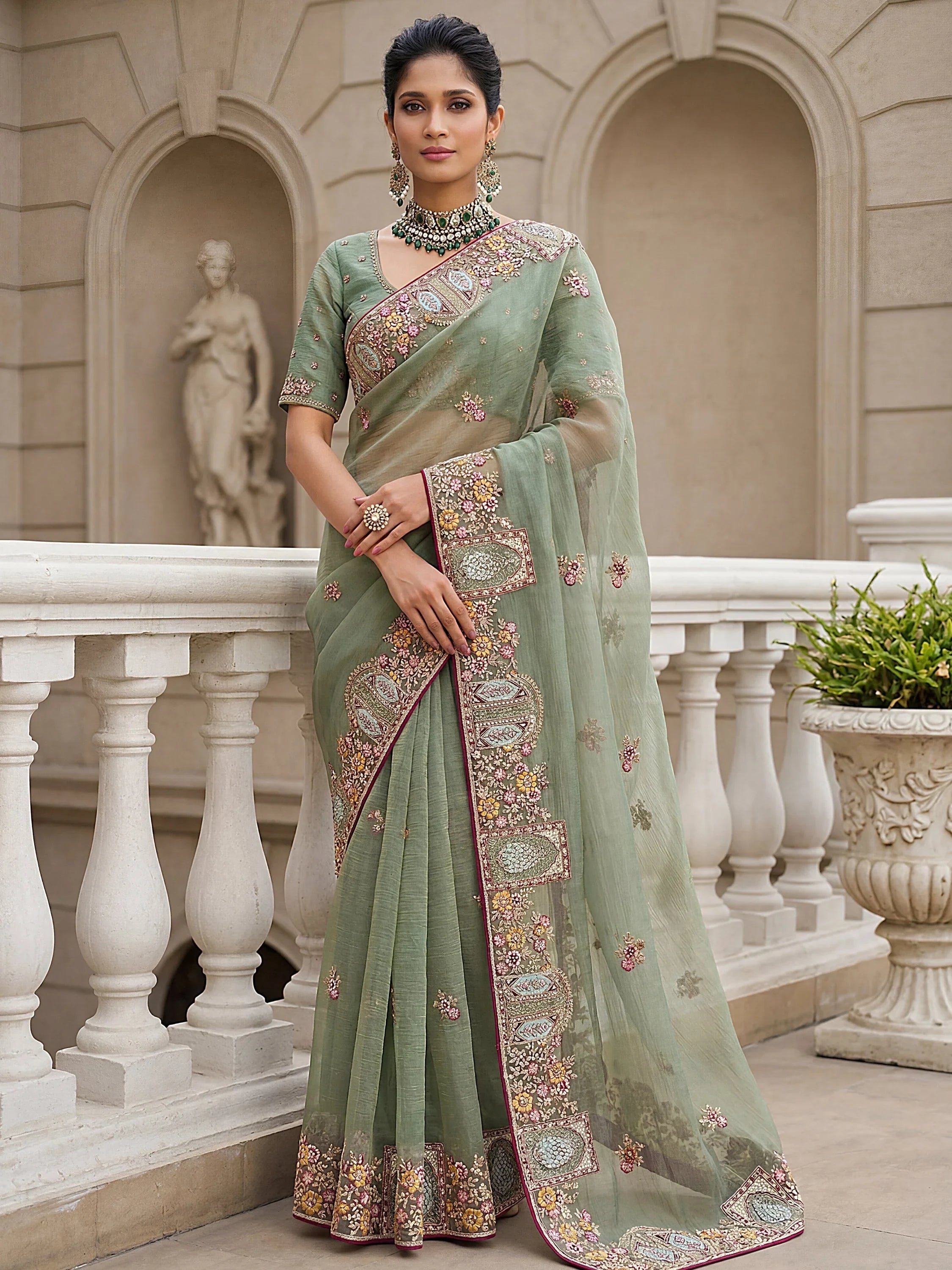 Green Notable Floral Embroidery Organza Reception Wear Saree With Blouse