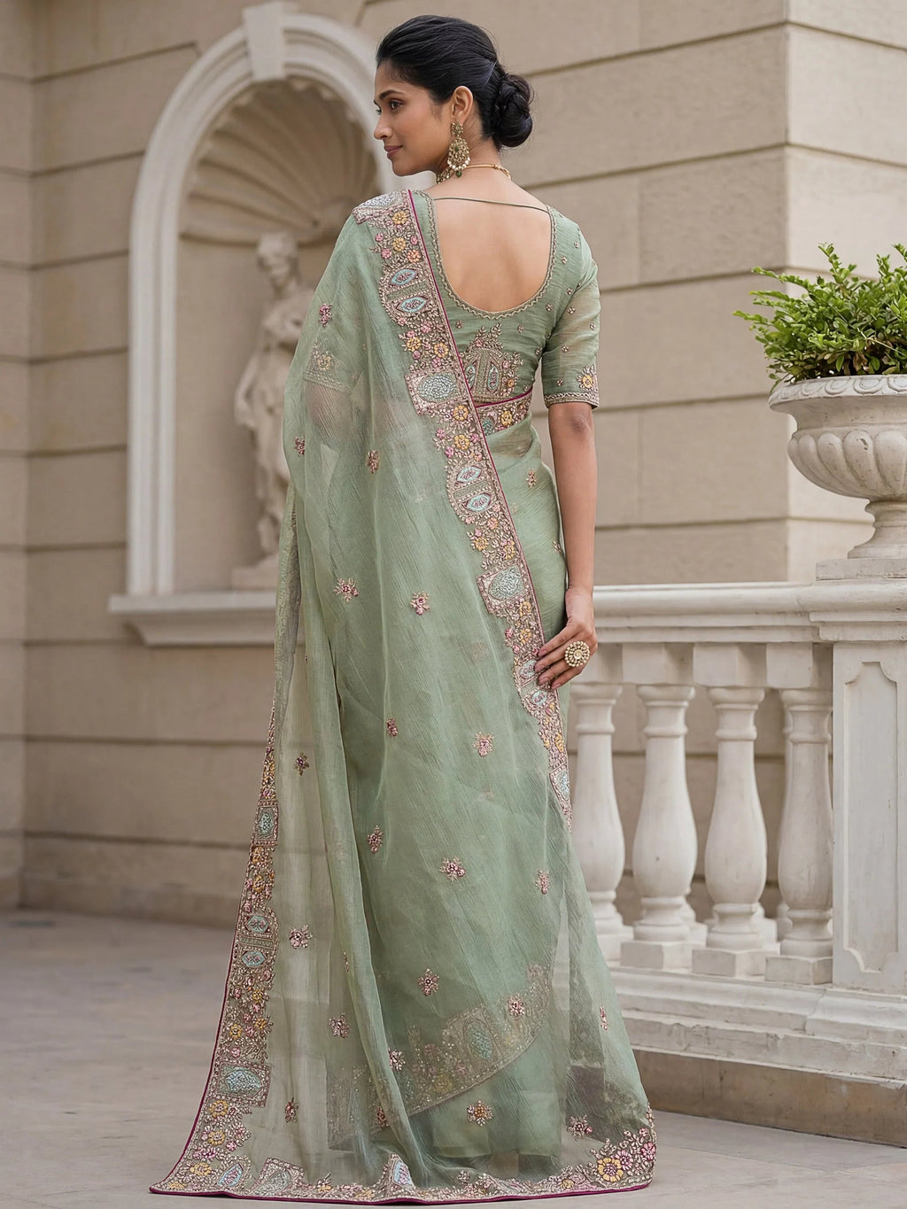 Green Notable Floral Embroidery Organza Reception Wear Saree With Blouse