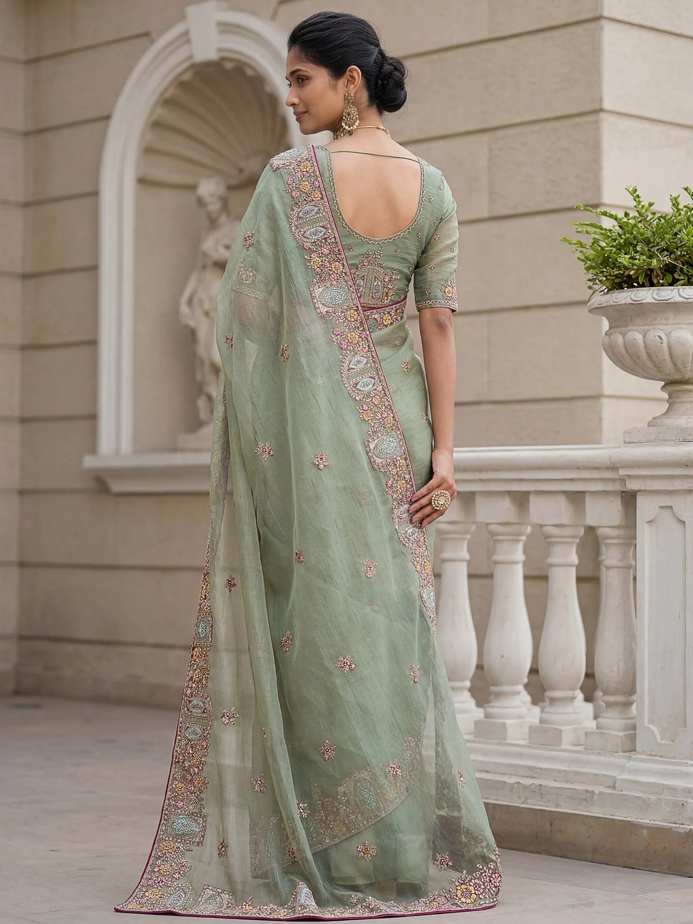 Green Notable Floral Embroidery Organza Reception Wear Saree With Blouse