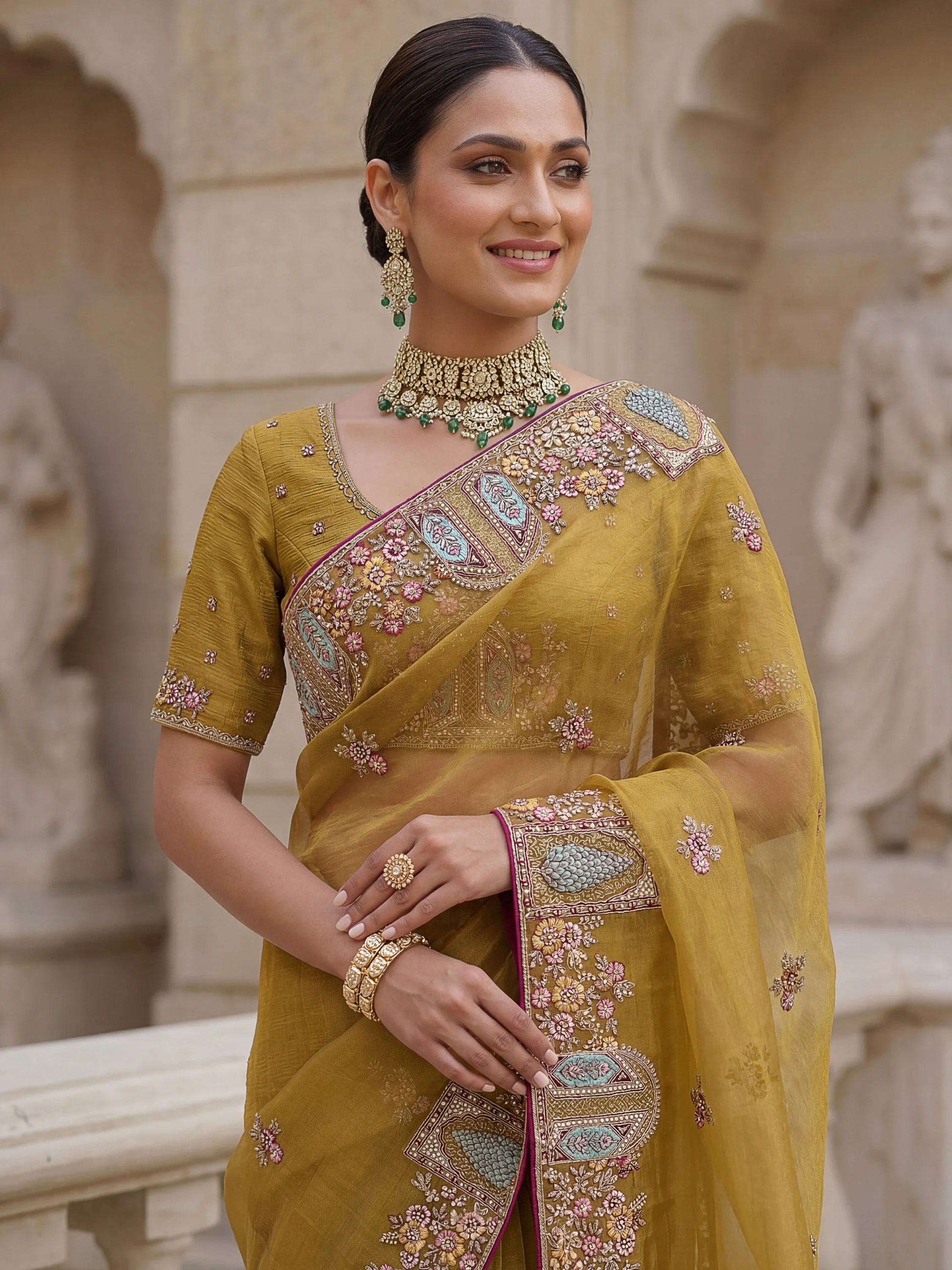 Mustard Notable Floral Embroidery Organza Reception Wear Saree With Blouse
