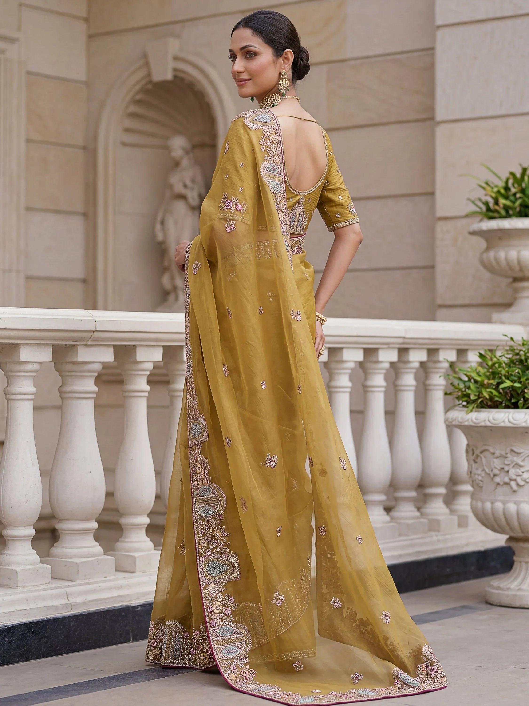 Mustard Notable Floral Embroidery Organza Reception Wear Saree With Blouse