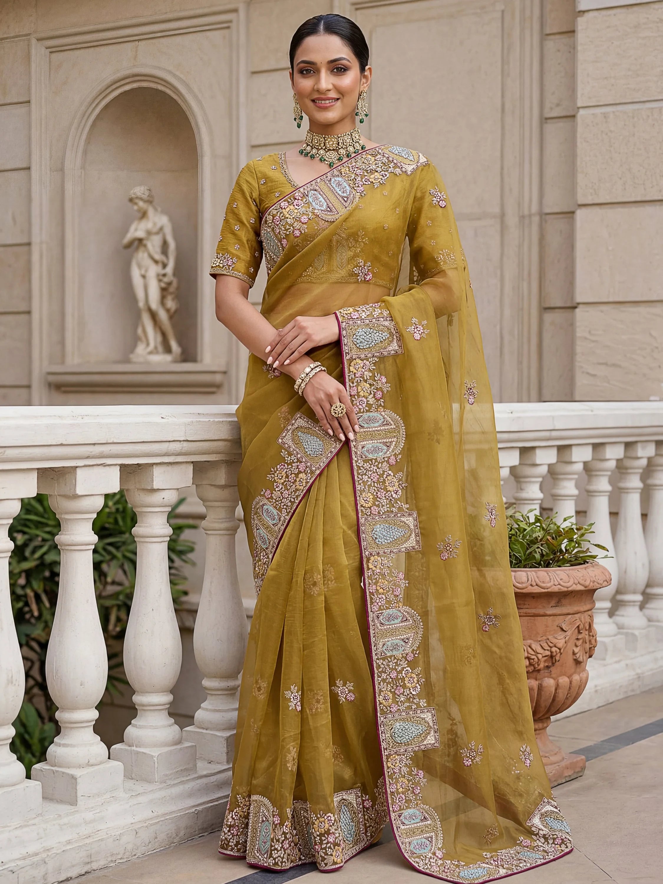 Mustard Notable Floral Embroidery Organza Reception Wear Saree With Blouse