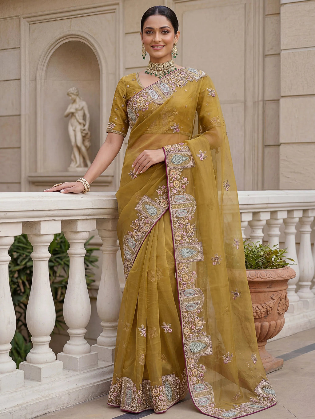 Mustard Notable Floral Embroidery Organza Reception Wear Saree With Blouse