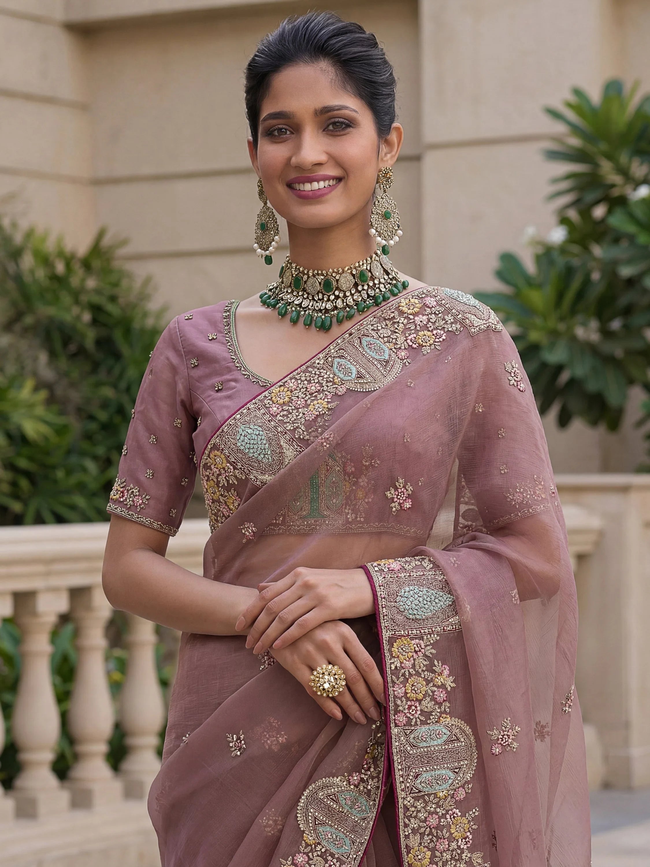 Mauve Notable Floral Embroidery Organza Reception Wear Saree With Blouse