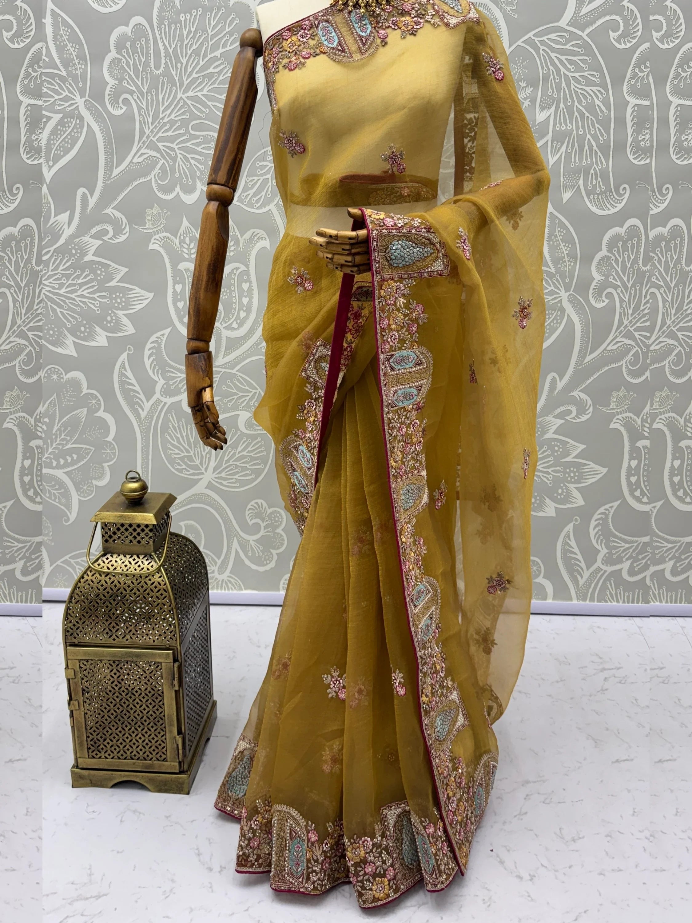 Mustard Notable Floral Embroidery Organza Reception Wear Saree With Blouse