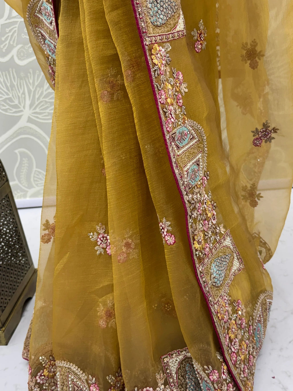 Mustard Notable Floral Embroidery Organza Reception Wear Saree With Blouse