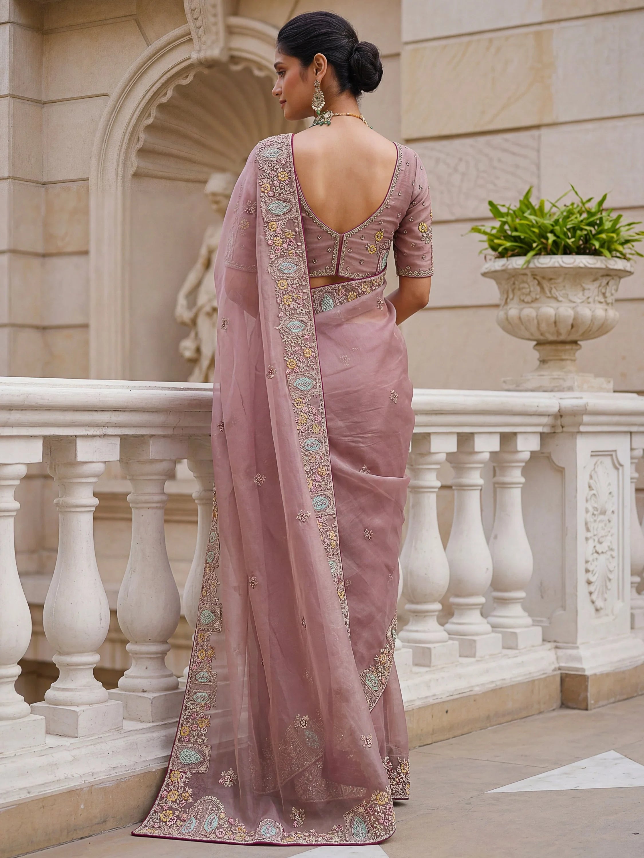 Mauve Notable Floral Embroidery Organza Reception Wear Saree With Blouse