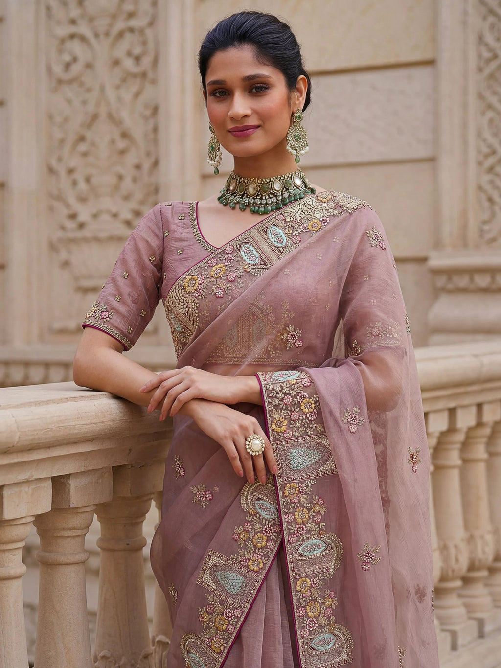 Mauve Notable Floral Embroidery Organza Reception Wear Saree With Blouse