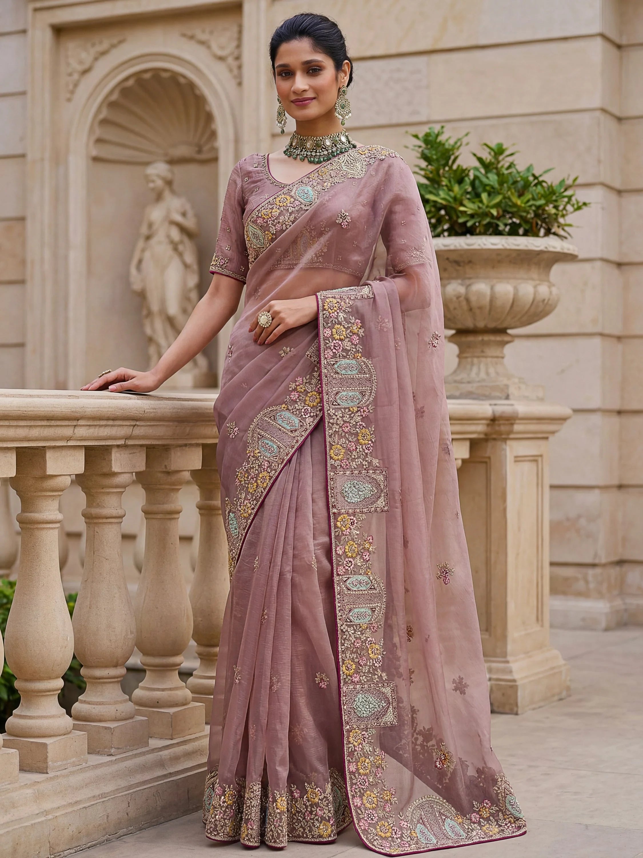 Mauve Notable Floral Embroidery Organza Reception Wear Saree With Blouse