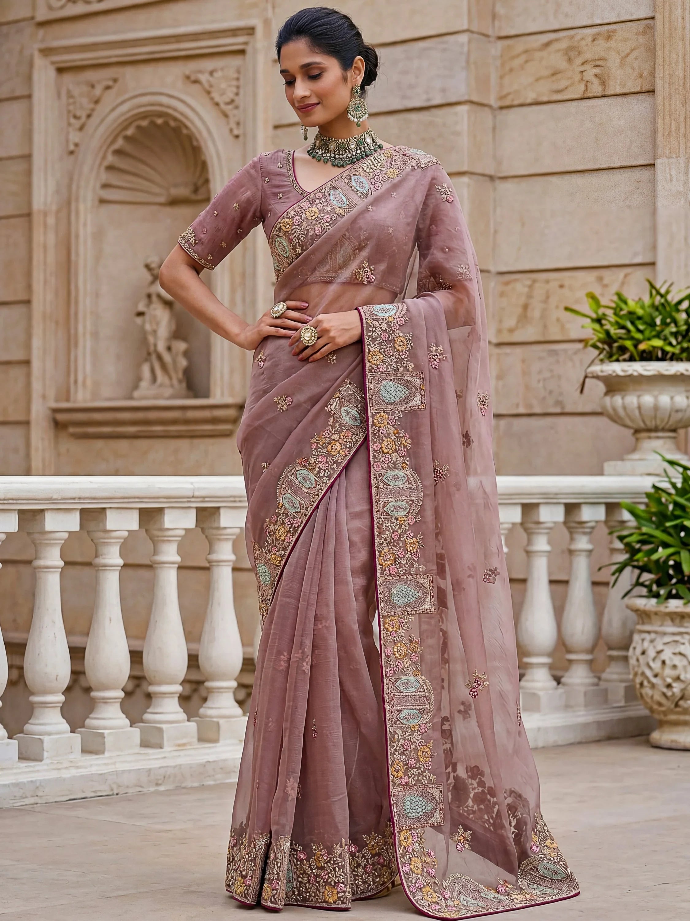 Mauve Notable Floral Embroidery Organza Reception Wear Saree With Blouse