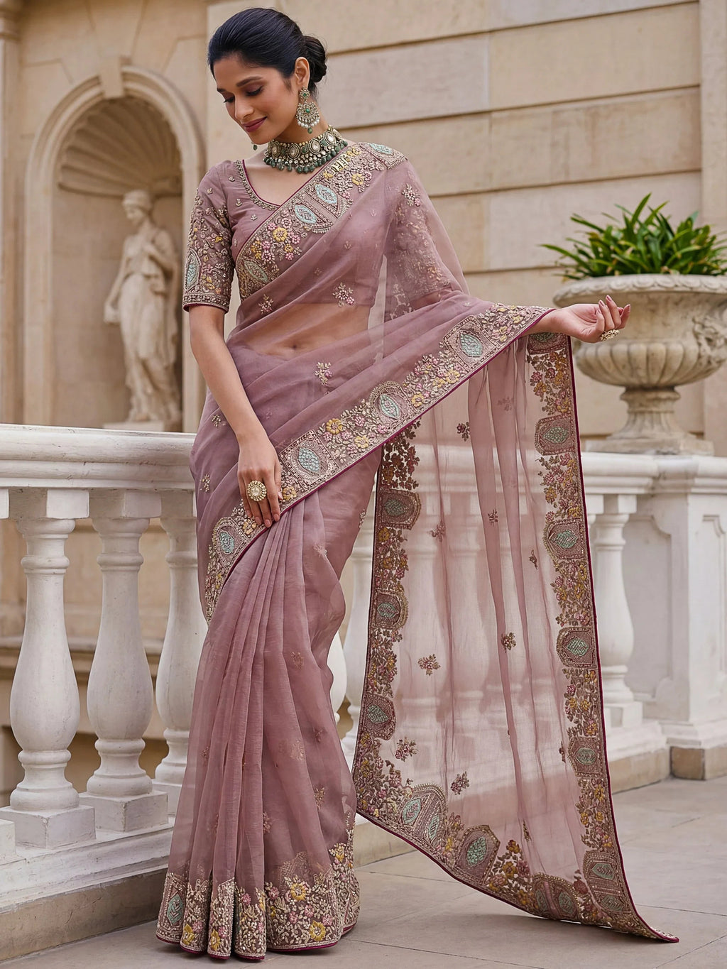 Mauve Notable Floral Embroidery Organza Reception Wear Saree With Blouse