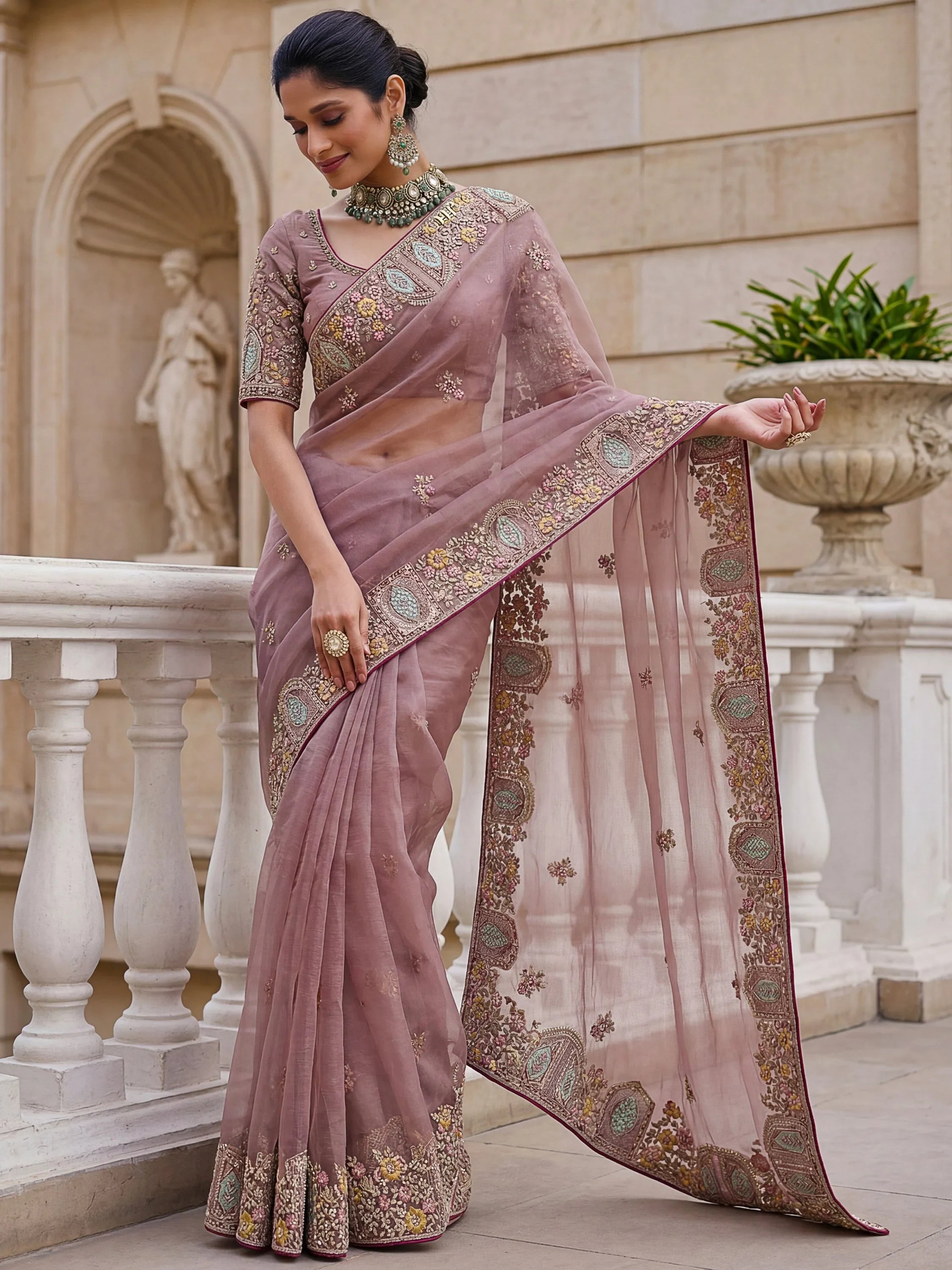 Mauve Notable Floral Embroidery Organza Reception Wear Saree With Blouse
