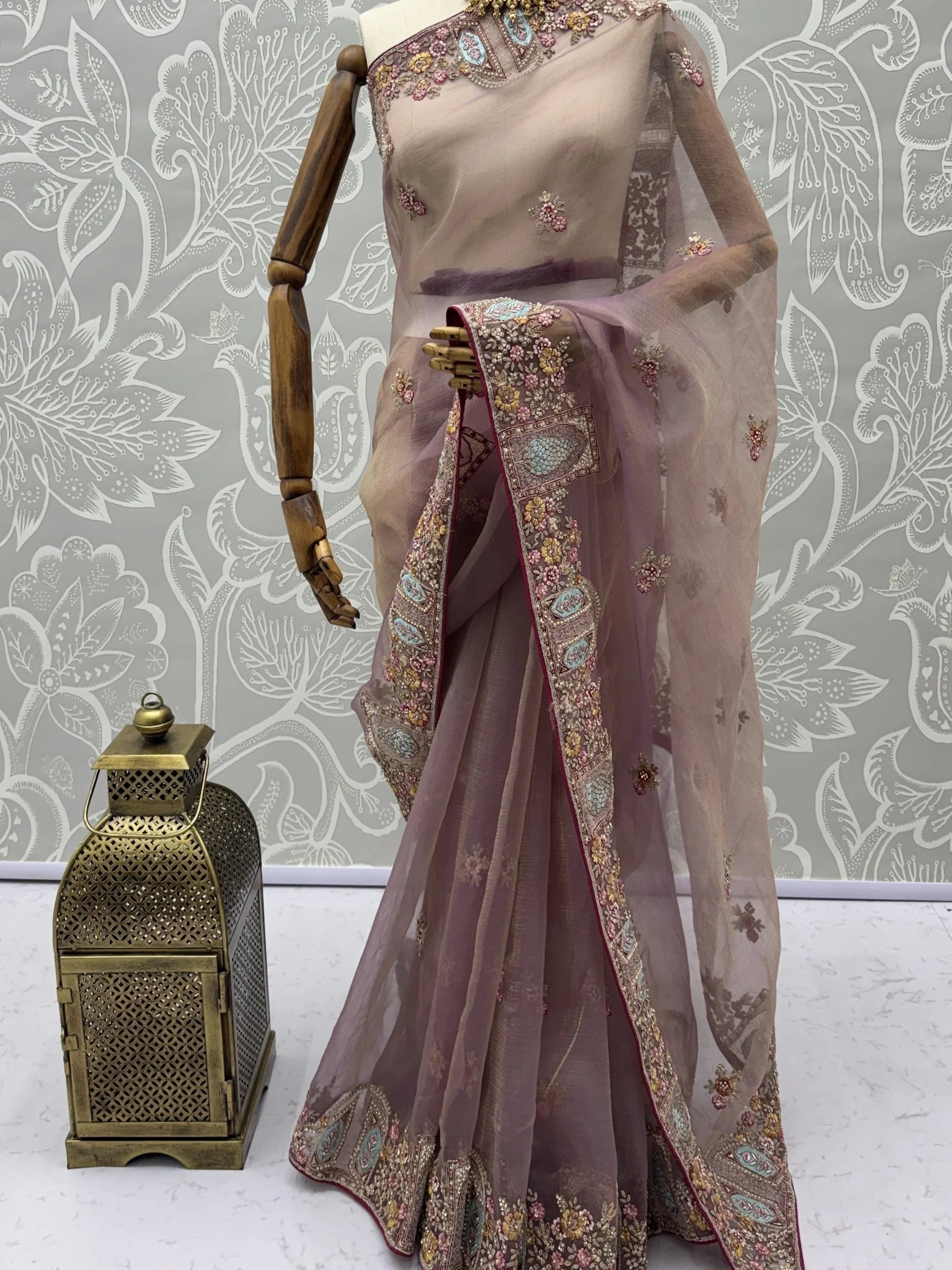 Mauve Notable Floral Embroidery Organza Reception Wear Saree With Blouse