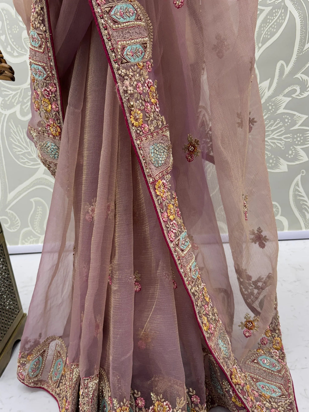 Mauve Notable Floral Embroidery Organza Reception Wear Saree With Blouse