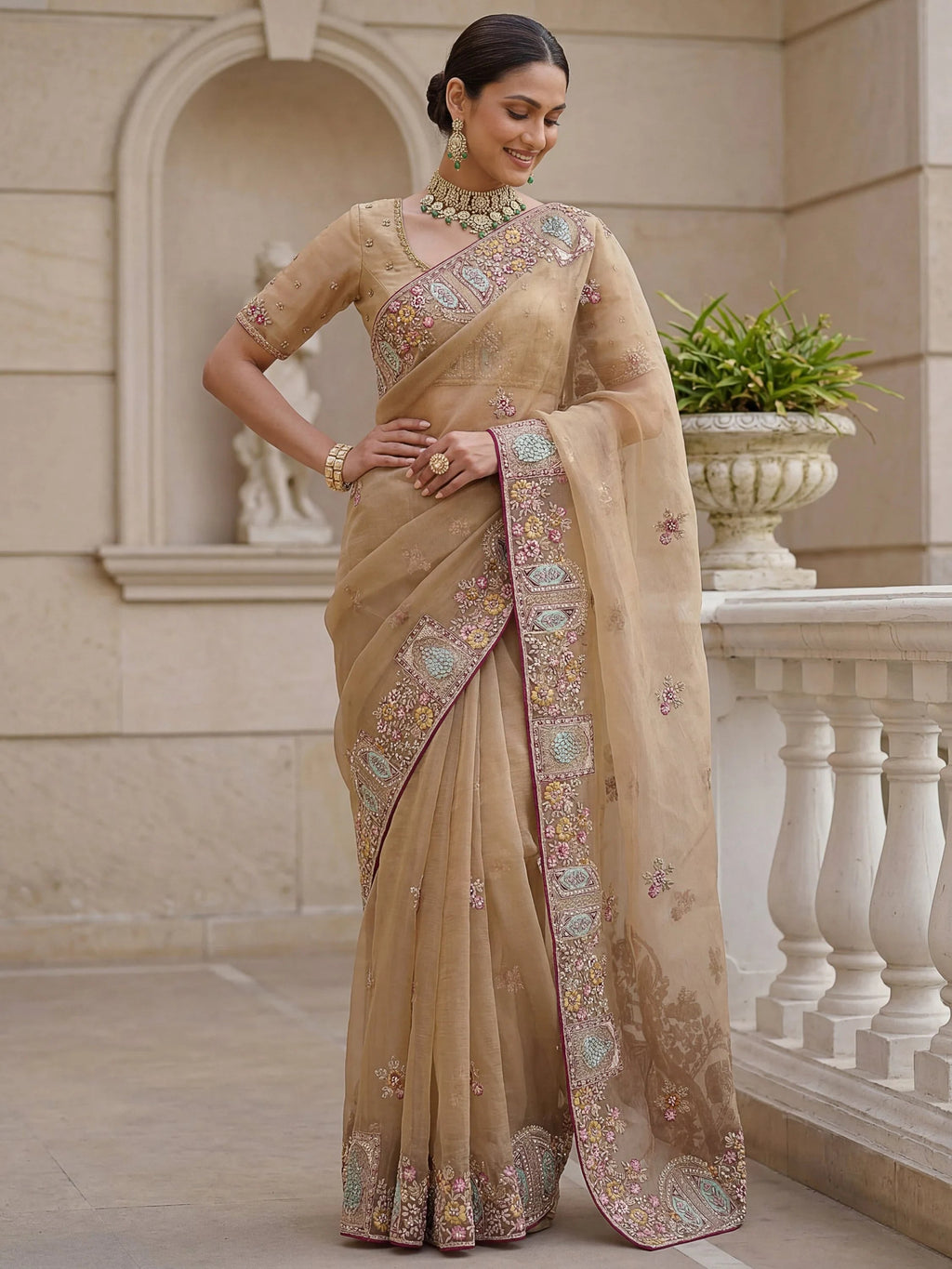 Beige Notable Floral Embroidery Organza Reception Wear Saree With Blouse