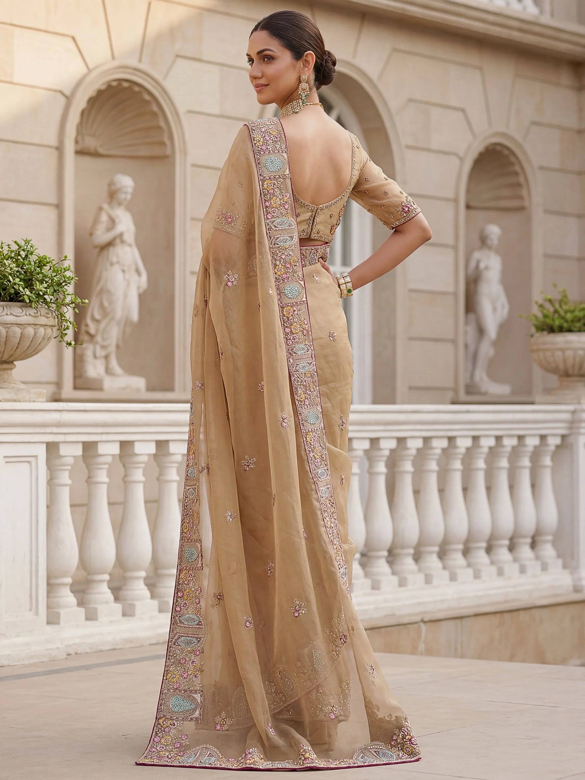 Beige Notable Floral Embroidery Organza Reception Wear Saree With Blouse
