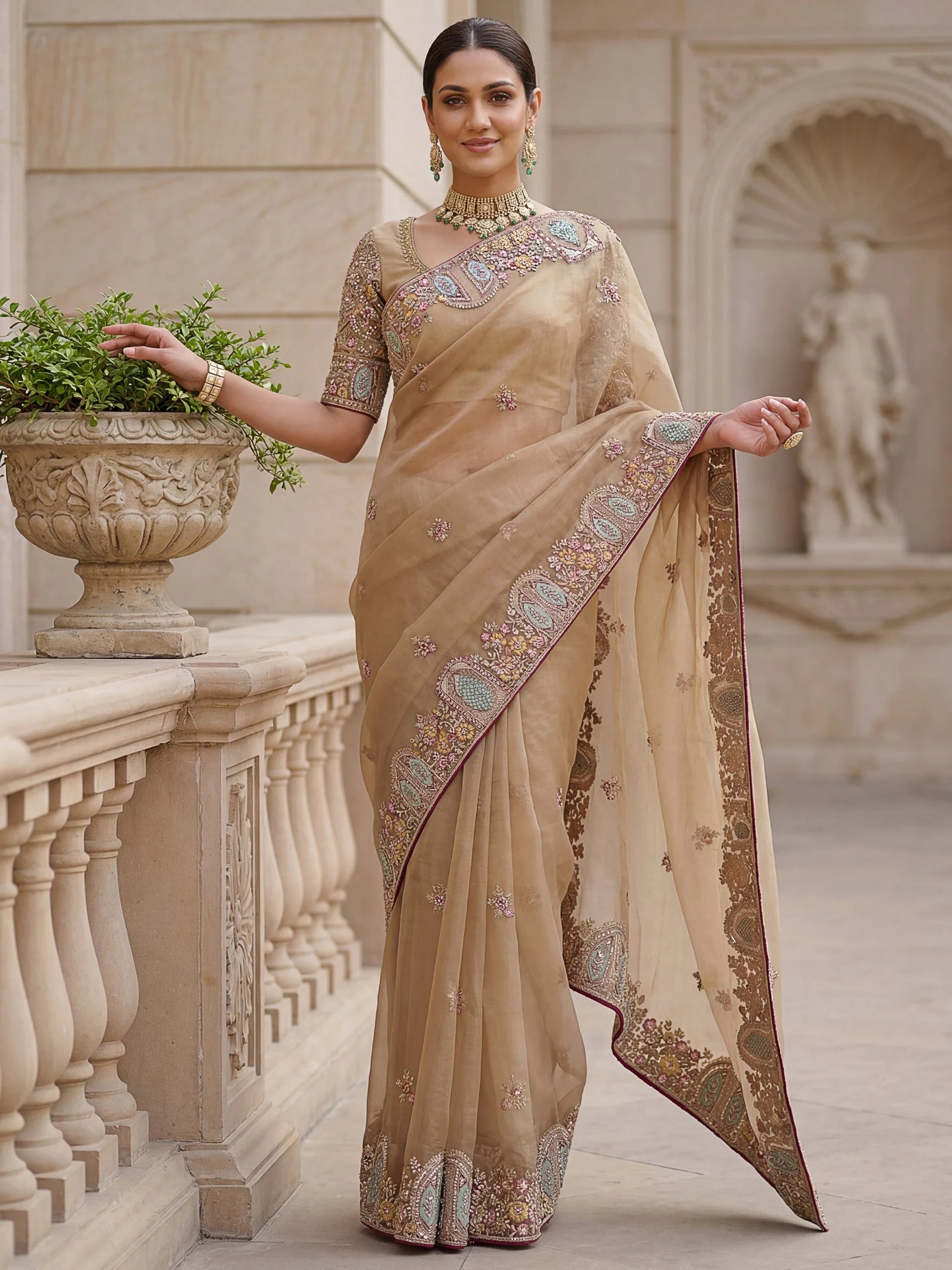 Beige Notable Floral Embroidery Organza Reception Wear Saree With Blouse