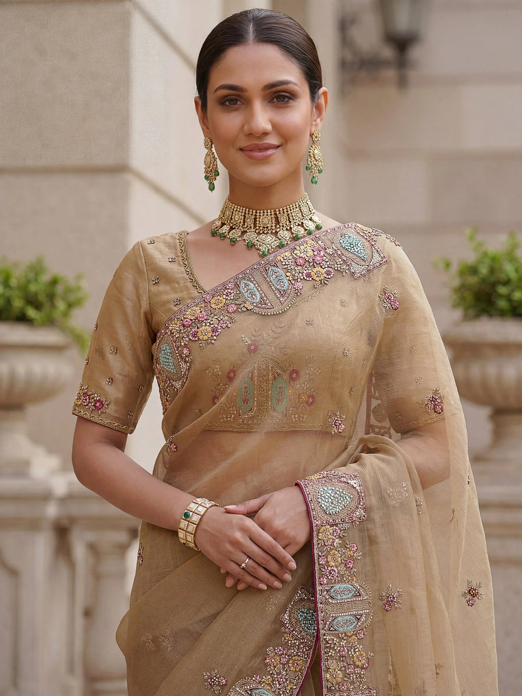 Beige Notable Floral Embroidery Organza Reception Wear Saree With Blouse