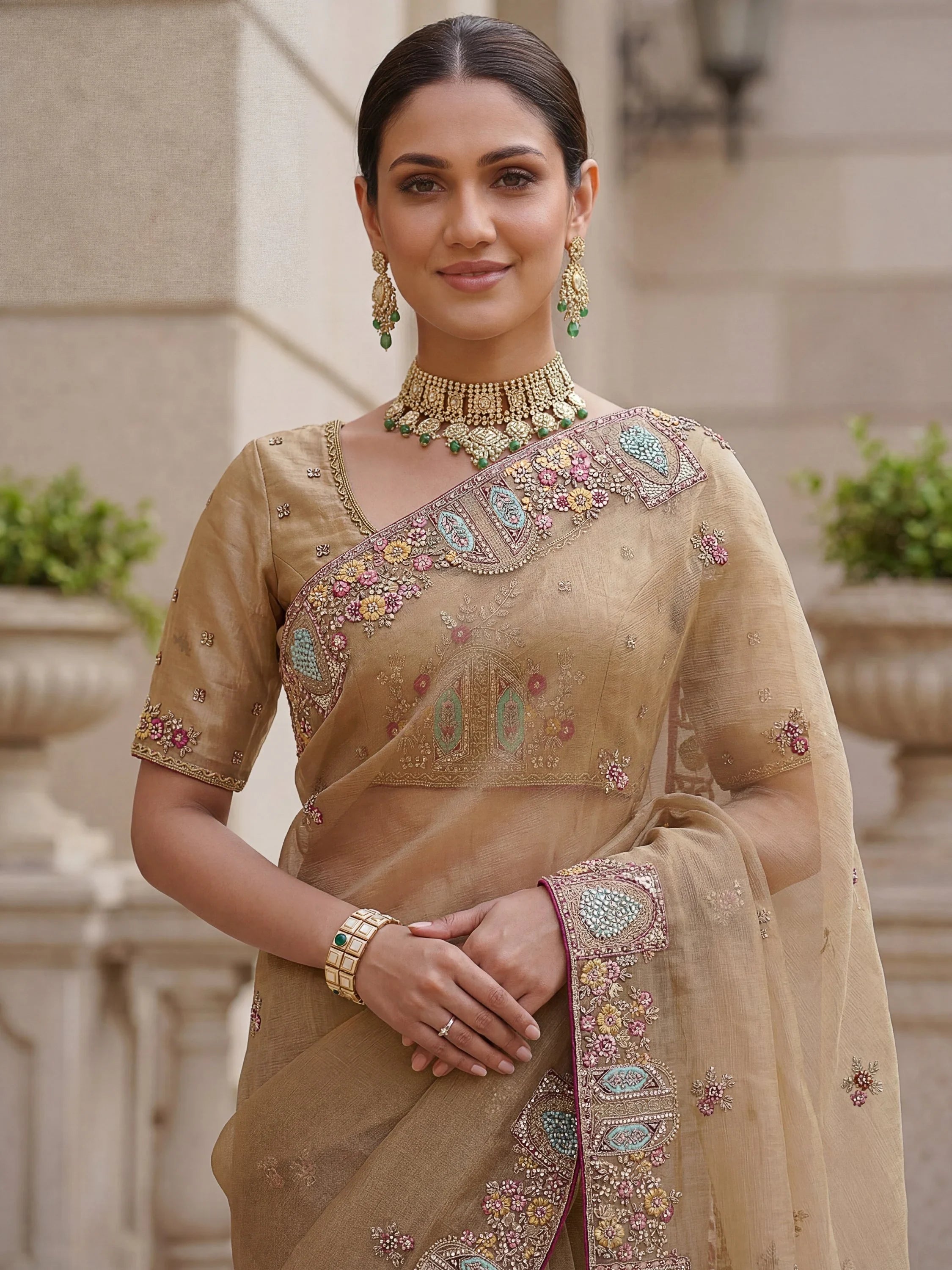 Beige Notable Floral Embroidery Organza Reception Wear Saree With Blouse