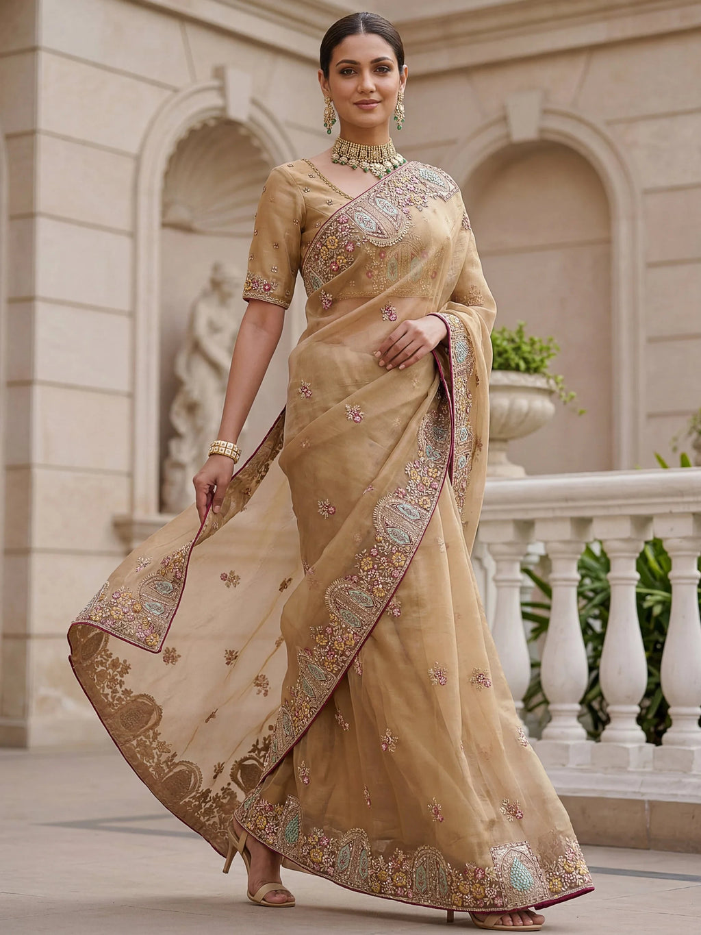 Beige Notable Floral Embroidery Organza Reception Wear Saree With Blouse