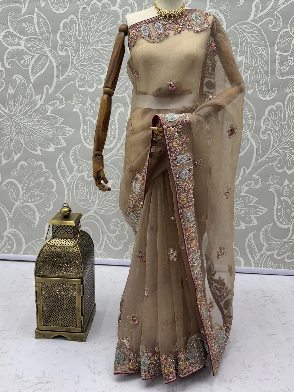 Beige Notable Floral Embroidery Organza Reception Wear Saree With Blouse
