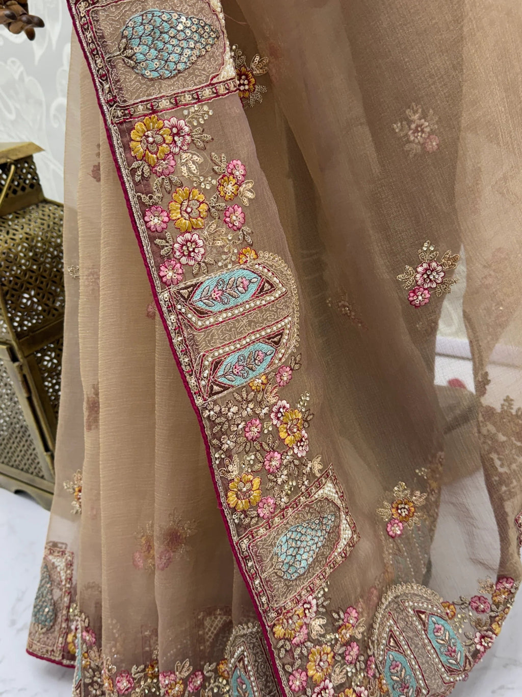Beige Notable Floral Embroidery Organza Reception Wear Saree With Blouse