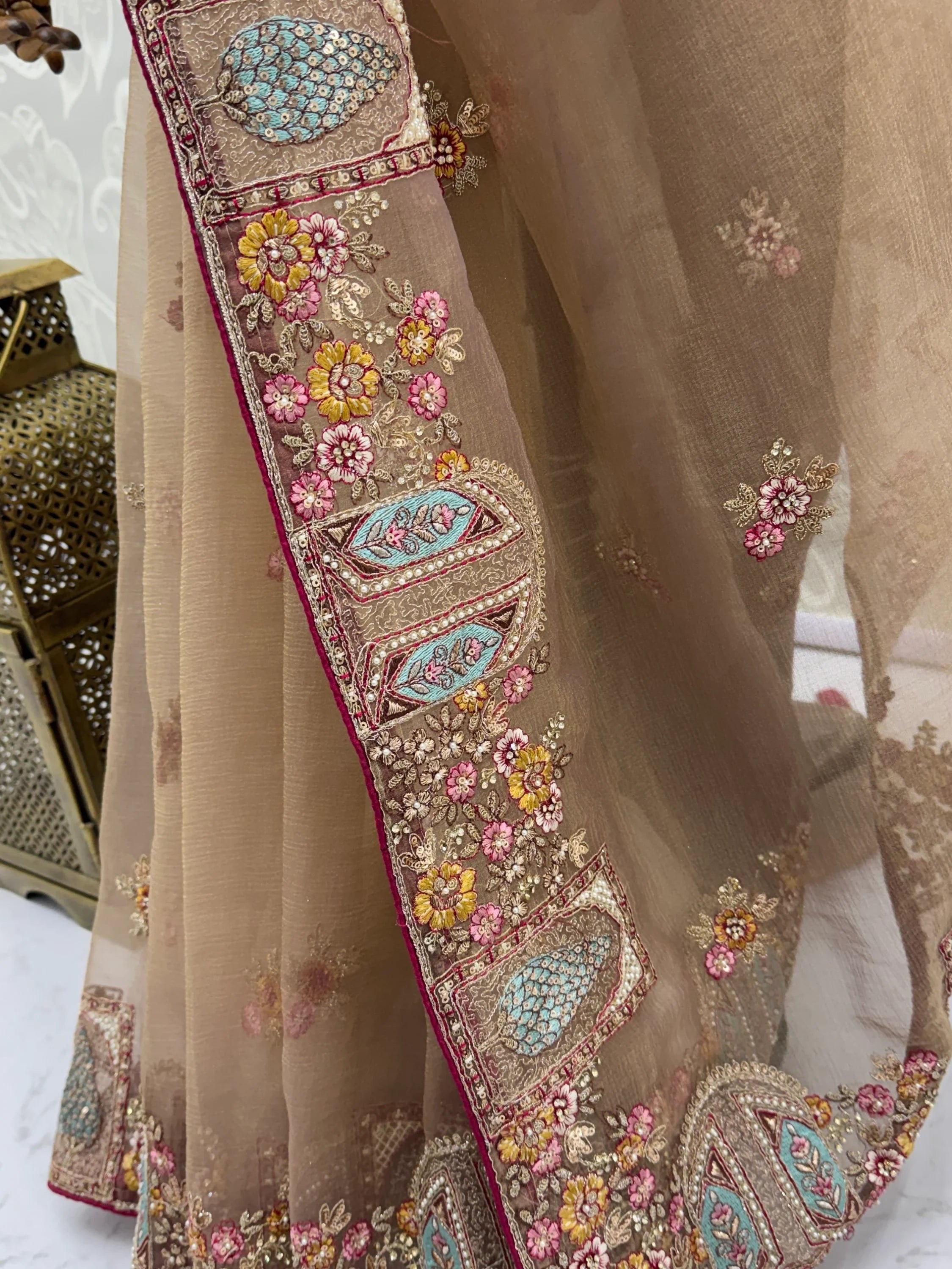Beige Notable Floral Embroidery Organza Reception Wear Saree With Blouse