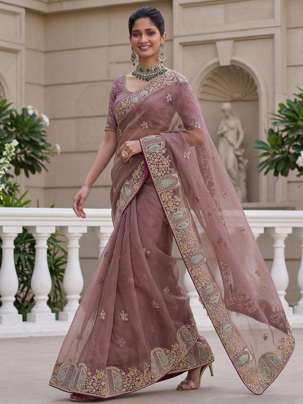 Sparkling Mauve Floral Embroidery Organza Traditional Saree With Blouse