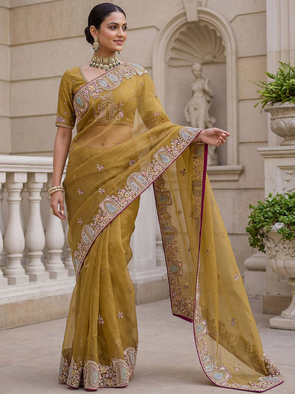 Mustard Notable Floral Embroidery Organza Reception Wear Saree With Blouse