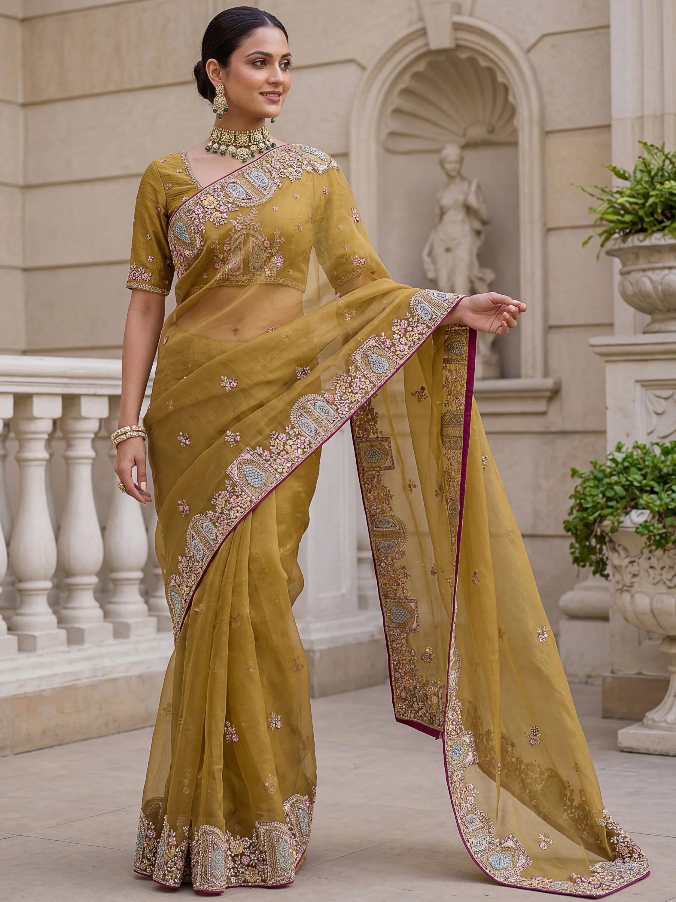 Mustard Notable Floral Embroidery Organza Reception Wear Saree With Blouse