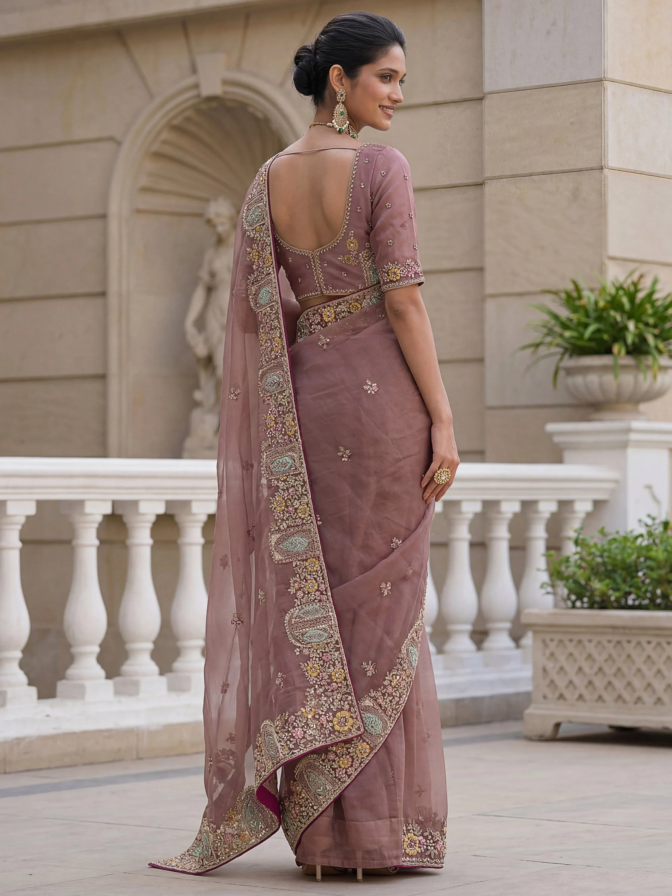 Sparkling Mauve Floral Embroidery Organza Traditional Saree With Blouse