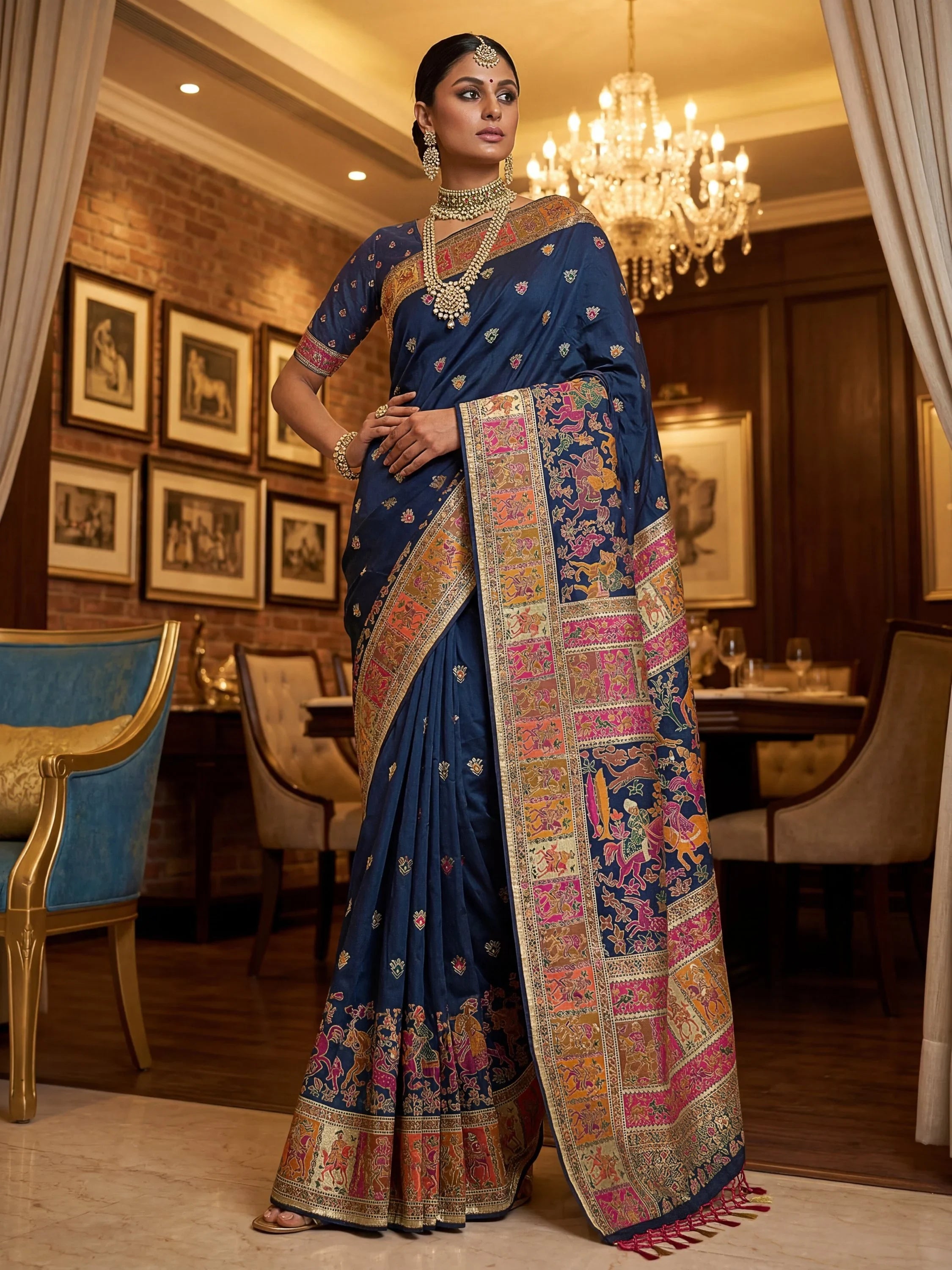 Navy Marvelous Zari Work Pashmina Silk Saree With Blouse