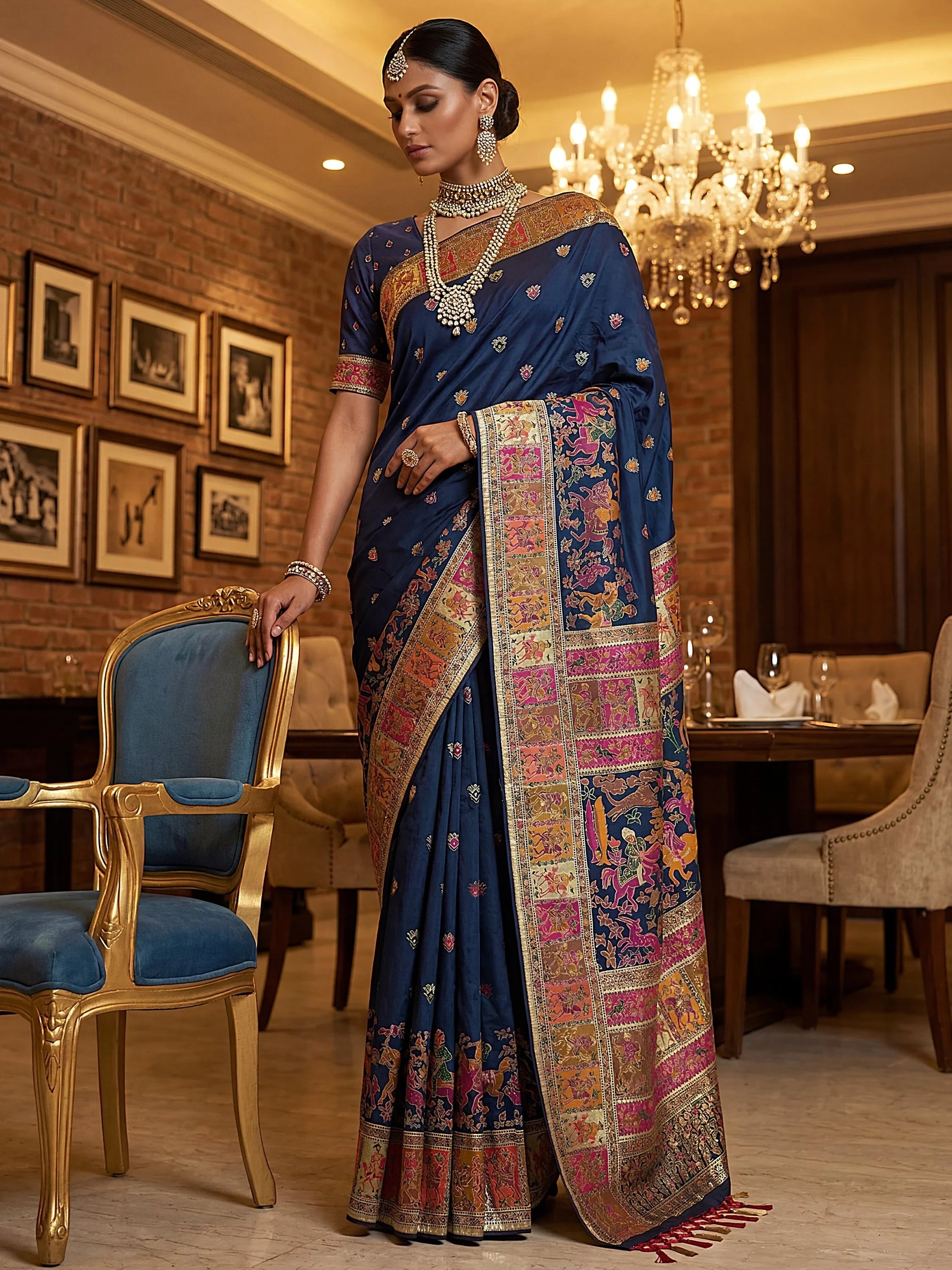 Navy Marvelous Zari Work Pashmina Silk Saree With Blouse
