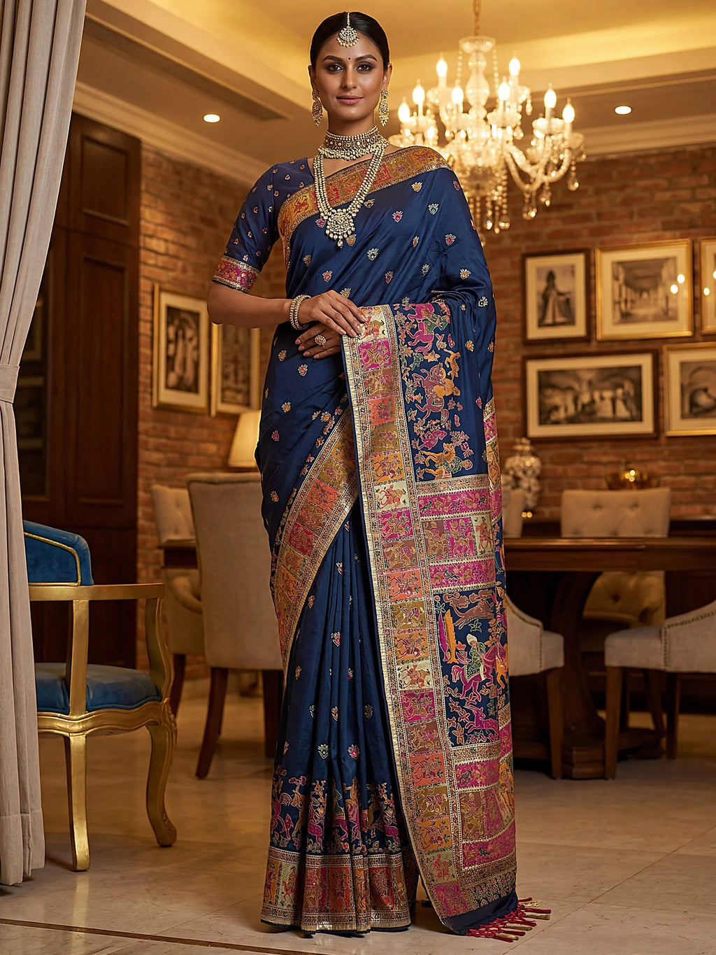 Navy Marvelous Zari Work Pashmina Silk Saree With Blouse