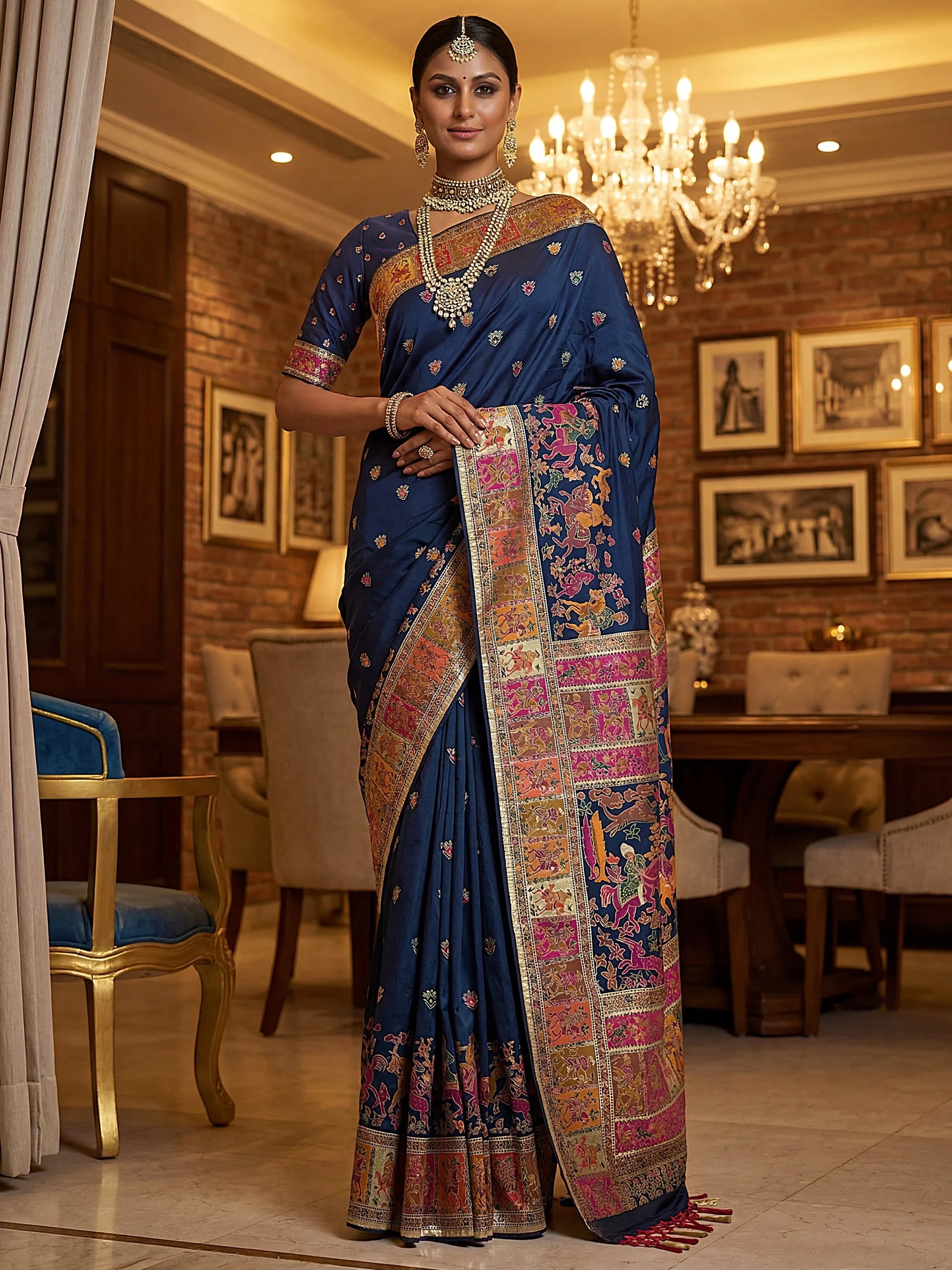 Navy Marvelous Zari Work Pashmina Silk Saree With Blouse
