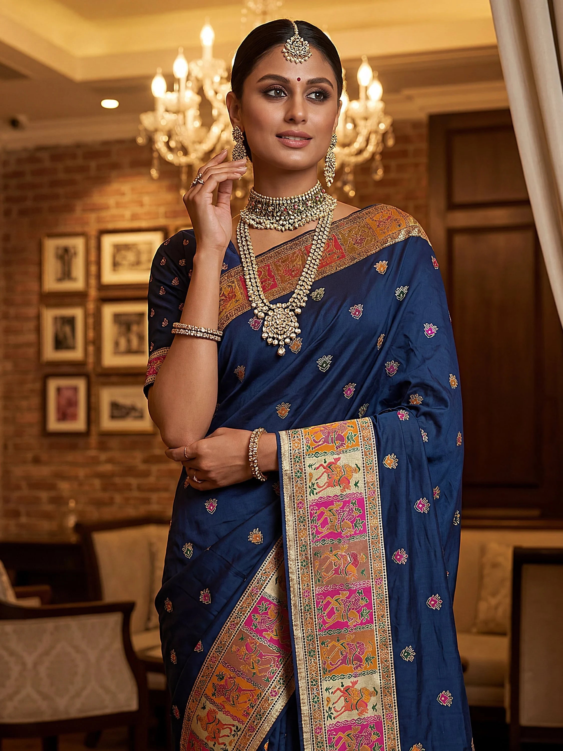 Navy Marvelous Zari Work Pashmina Silk Saree With Blouse