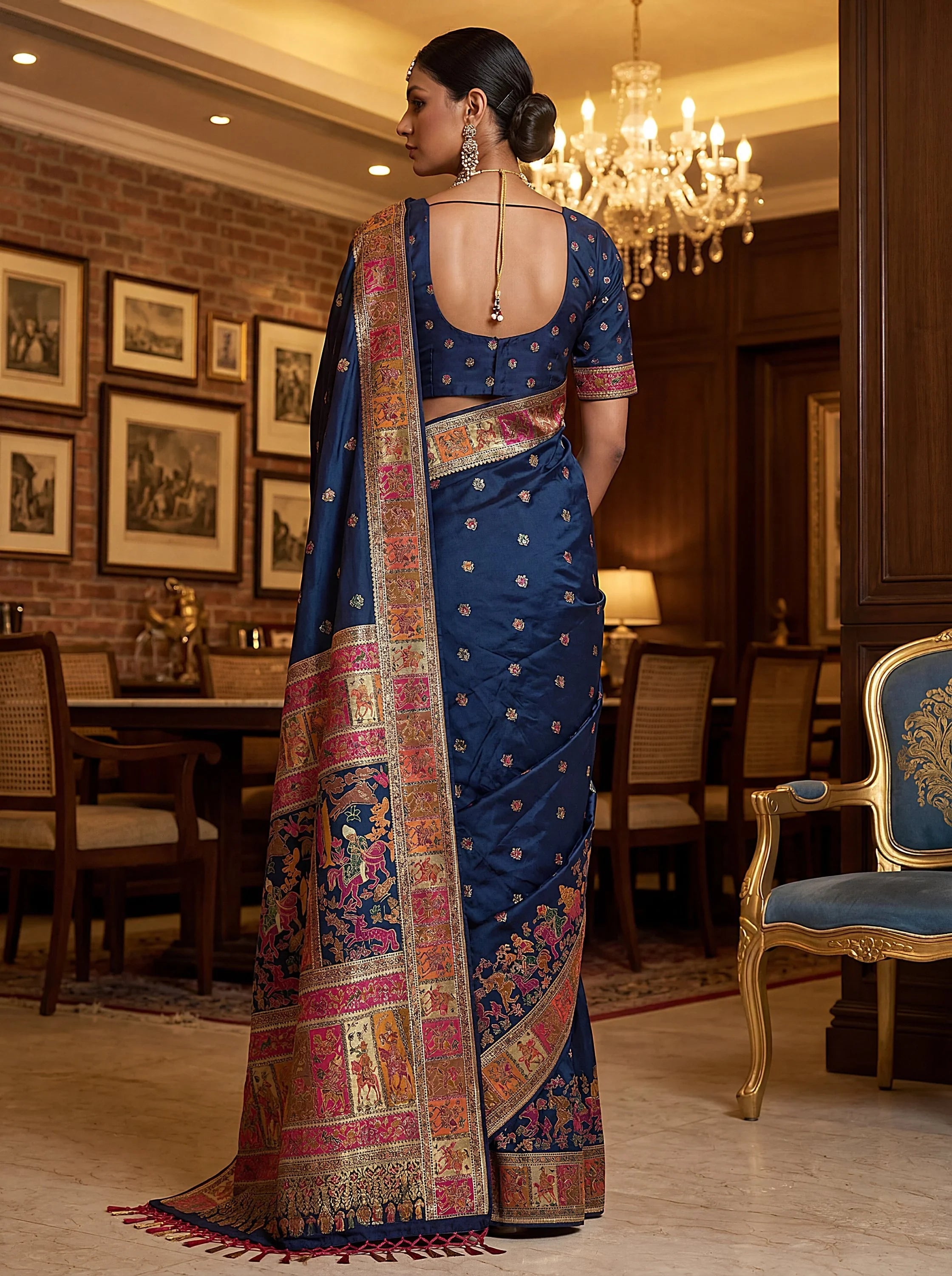 Navy Marvelous Zari Work Pashmina Silk Saree With Blouse
