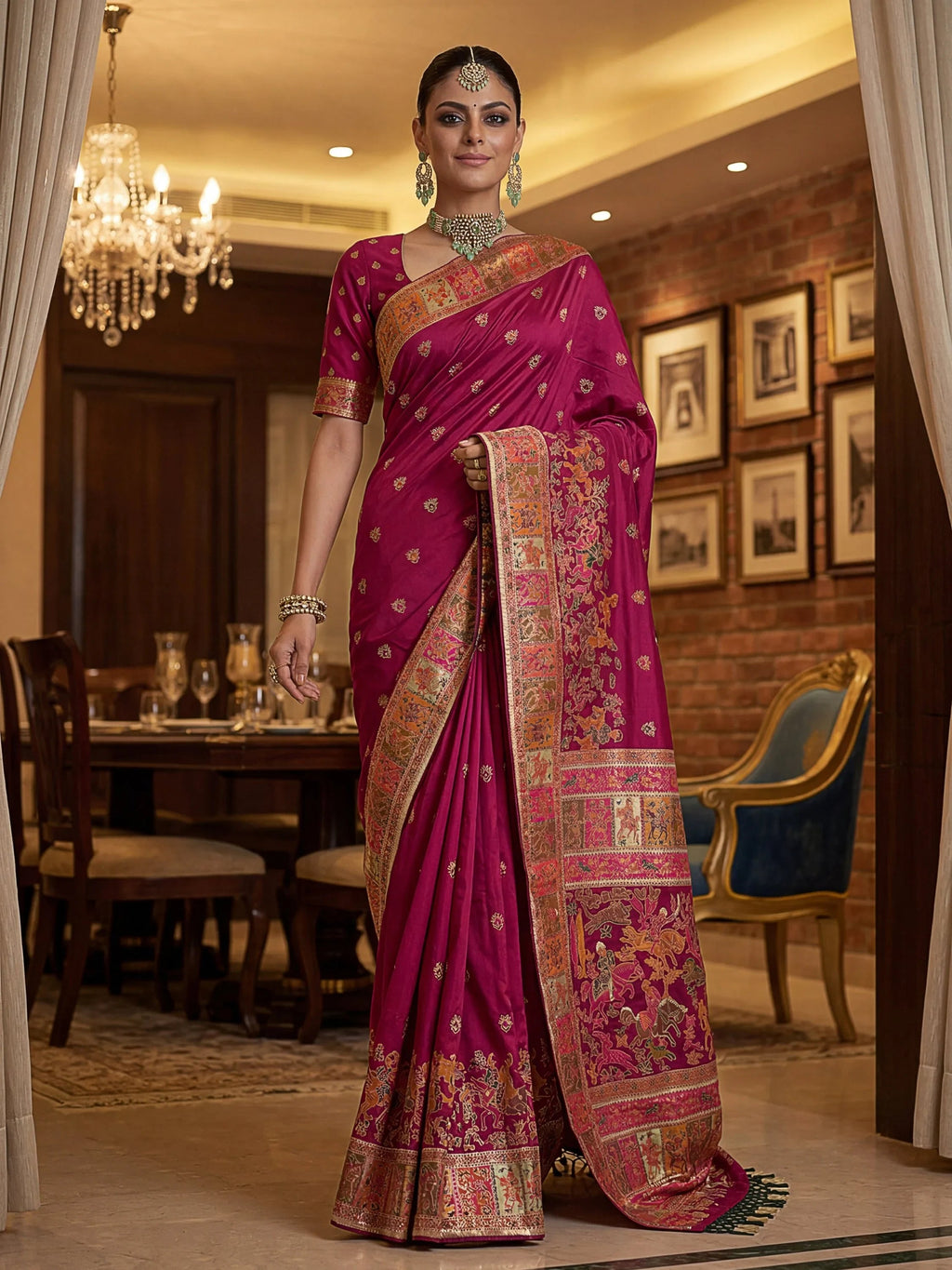 Pink Marvelous Zari Work Pashmina Silk Saree With Blouse