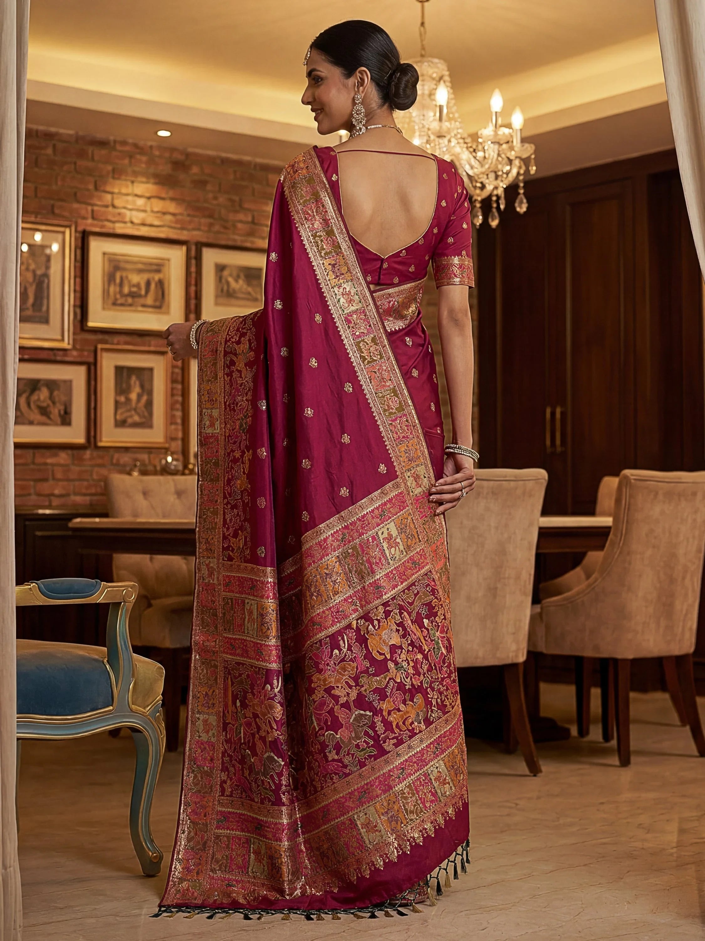 Pink Marvelous Zari Work Pashmina Silk Saree With Blouse