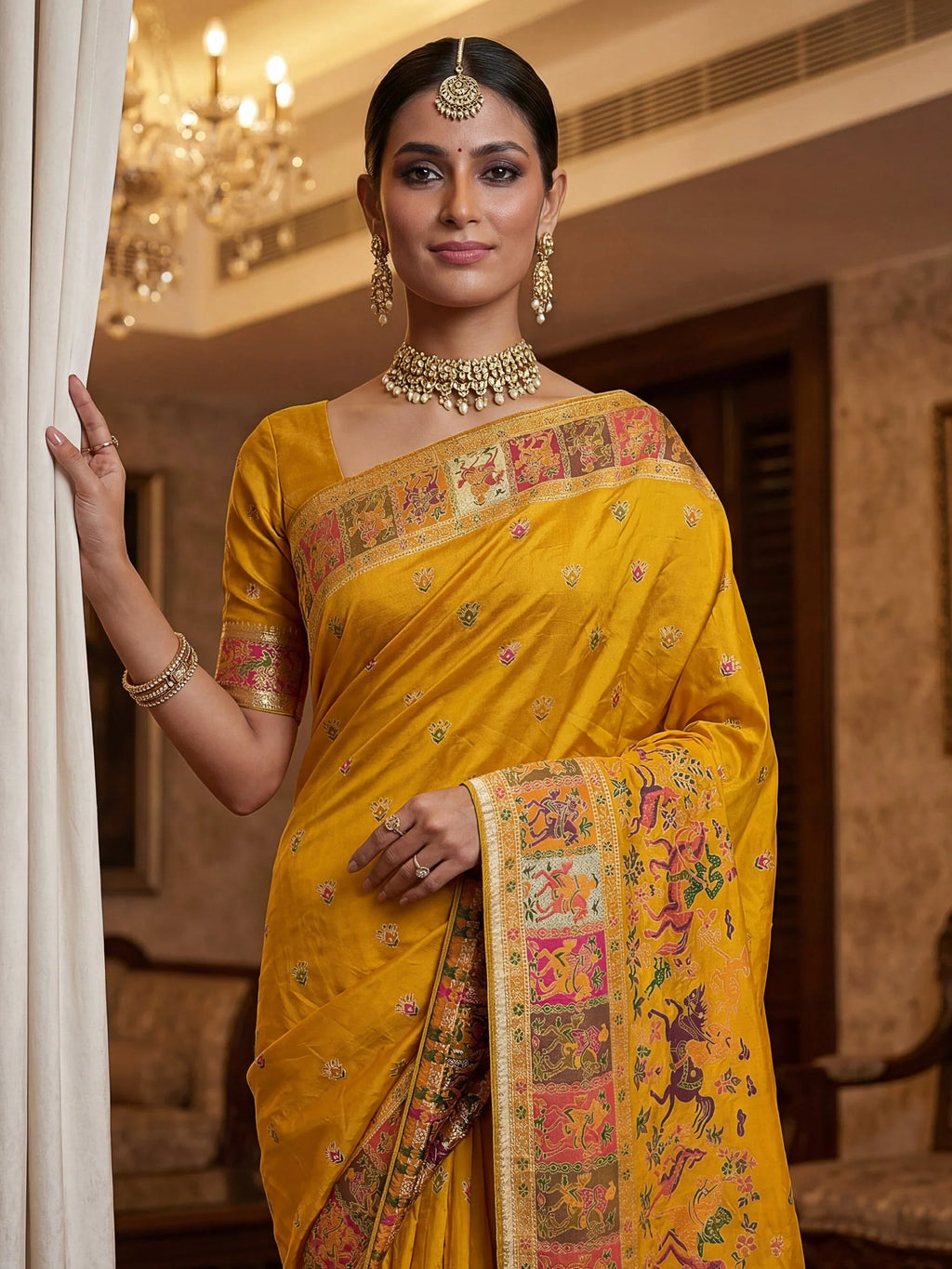 Mustard Marvelous Zari Work Pashmina Silk Saree With Blouse