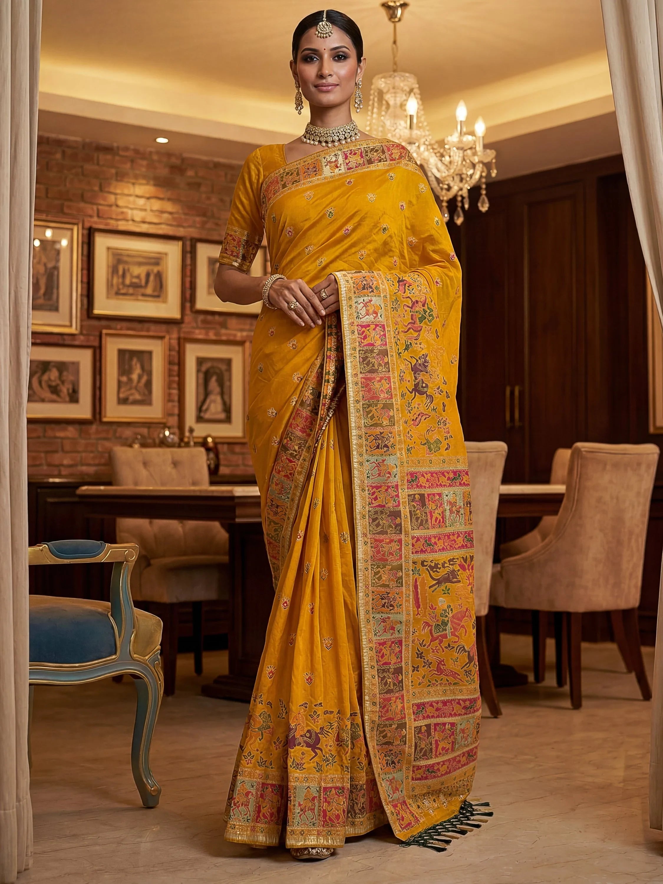 Mustard Marvelous Zari Work Pashmina Silk Saree With Blouse