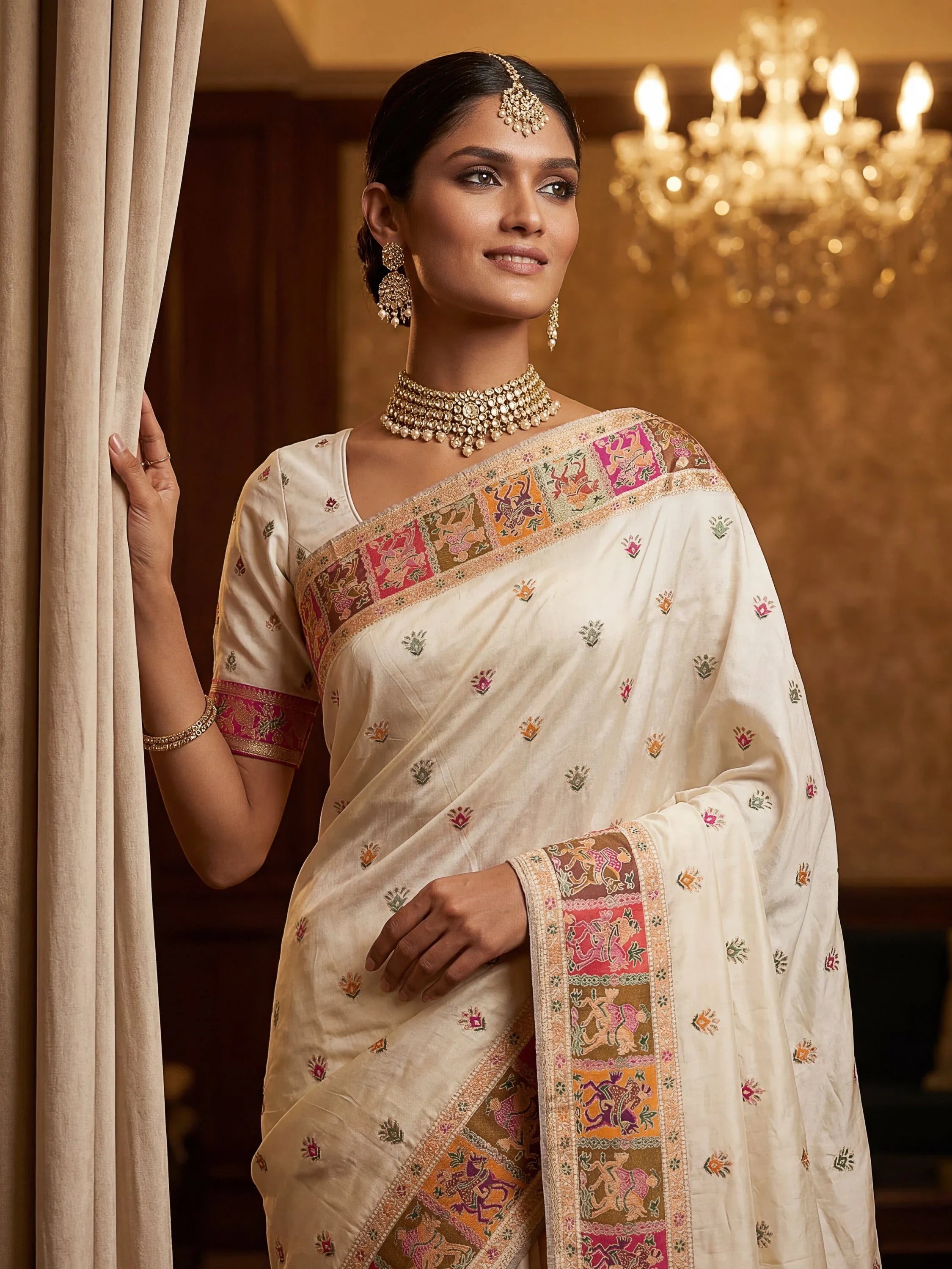 Cream Marvelous Zari Work Pashmina Silk Saree With Blouse