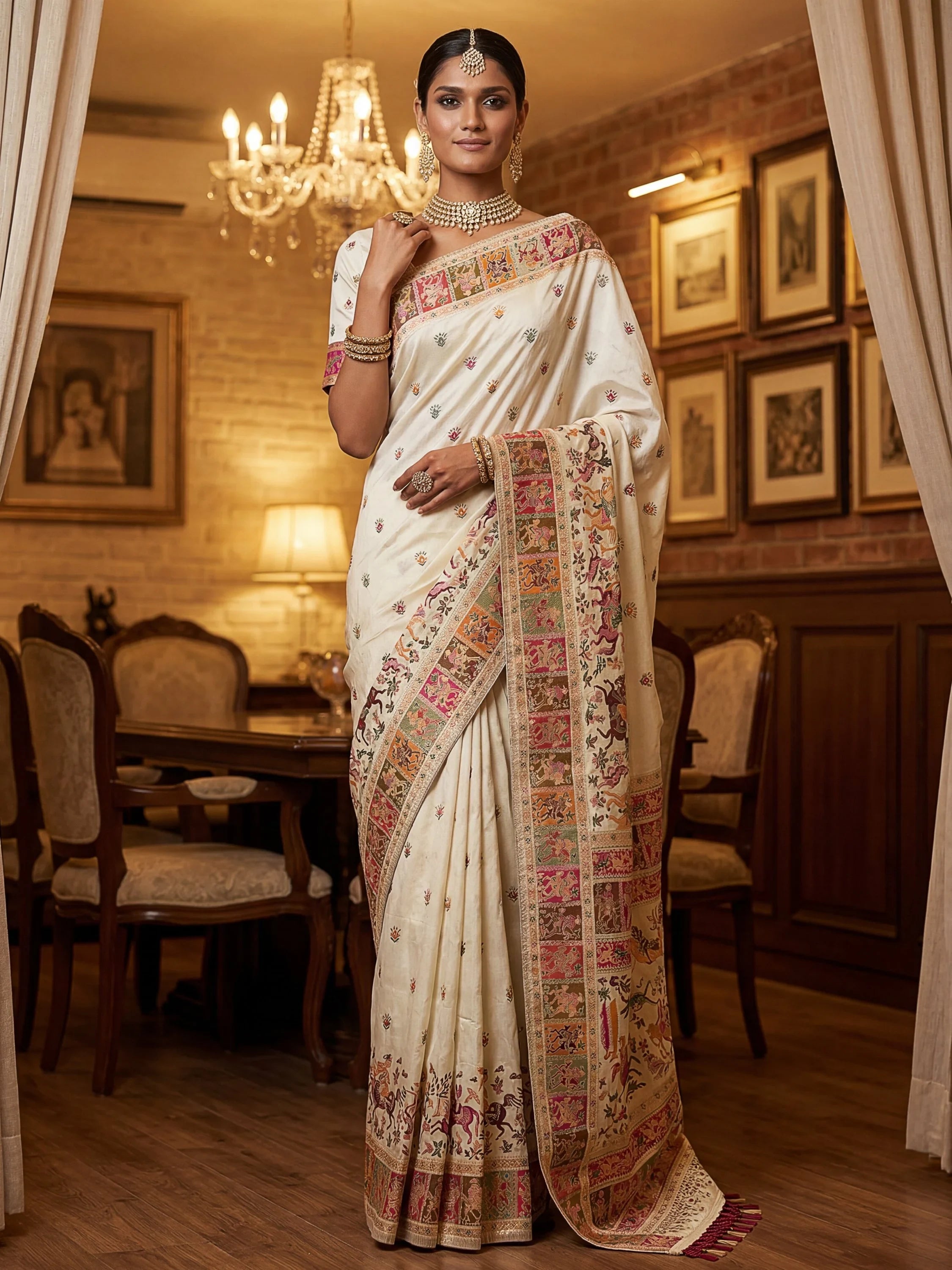 Cream Marvelous Zari Work Pashmina Silk Saree With Blouse