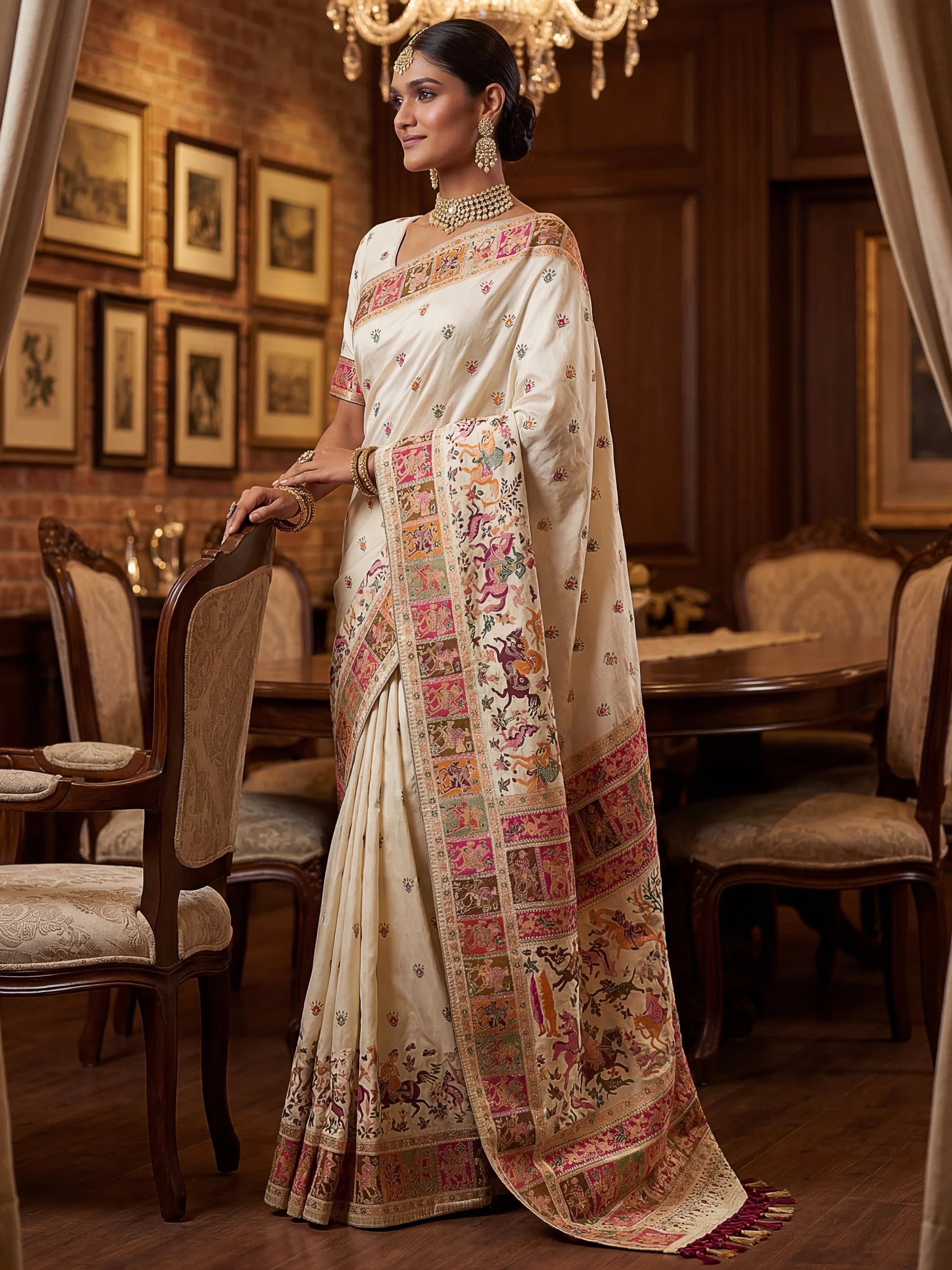 Cream Marvelous Zari Work Pashmina Silk Saree With Blouse