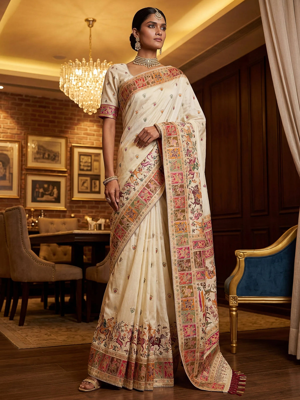 Cream Marvelous Zari Work Pashmina Silk Saree With Blouse