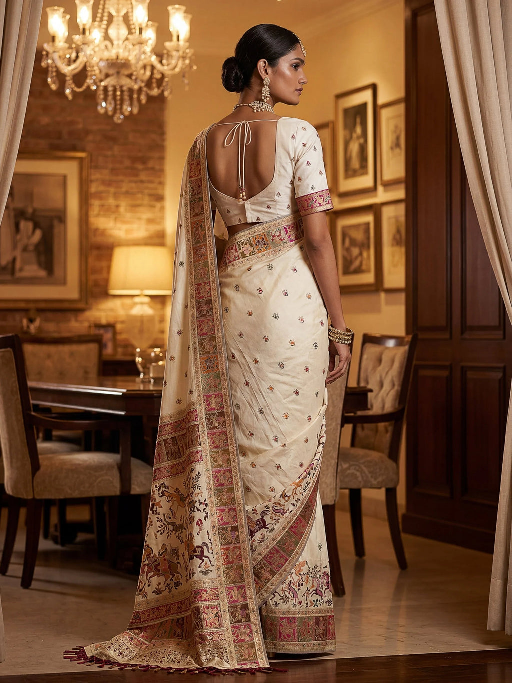 Cream Marvelous Zari Work Pashmina Silk Saree With Blouse