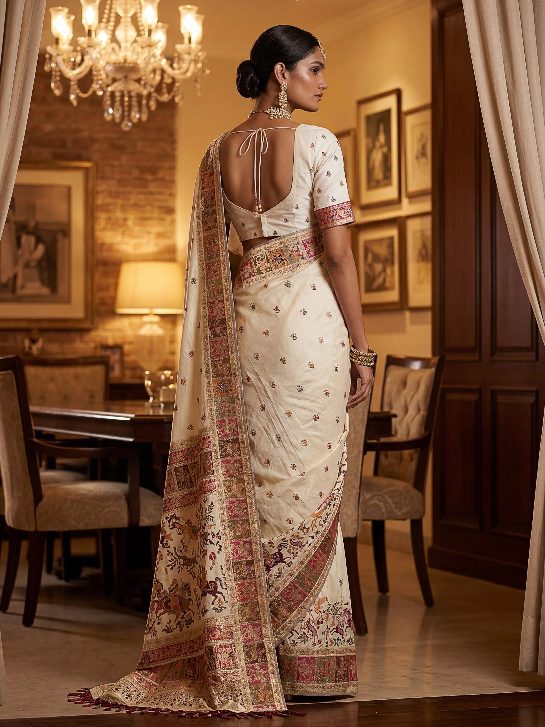 Cream Marvelous Zari Work Pashmina Silk Saree With Blouse